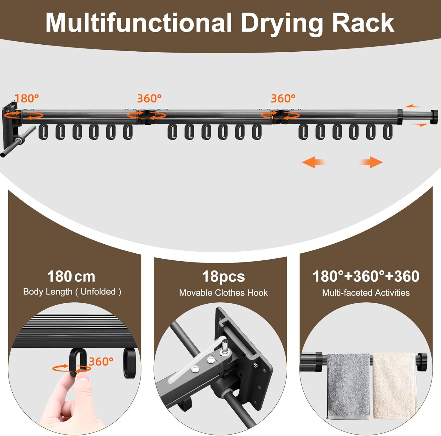 SNSUTY Clothes Drying Rack, Tri-Fold Laundry Drying Rack Wall Mount, Space Saver Clothes Rack with Ring Type Hooks, Retractable, Collapsible, for Balcony, Laundry, Bathroom image number 5