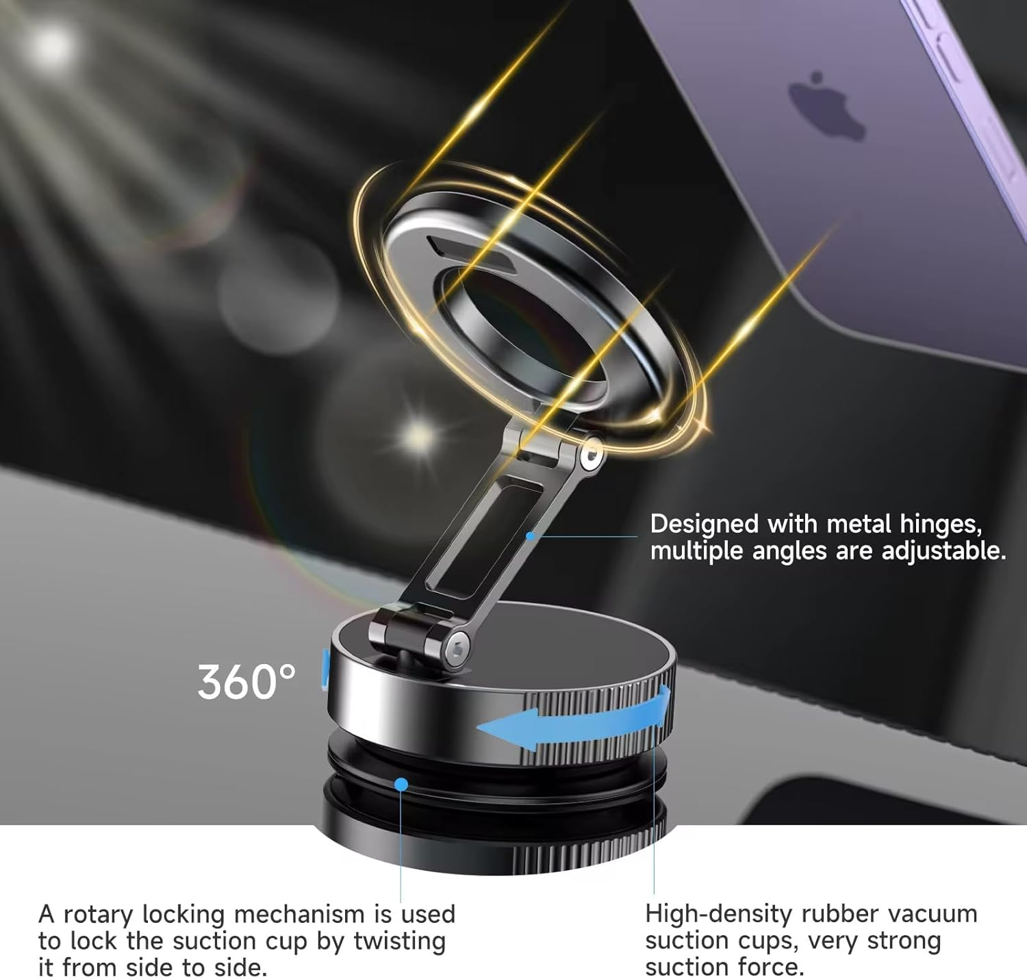 Smartphone Mount, Magnet Car Mount, Super Strong Magnetic Force of Vacuum Suction Cups,High-Grade Alloy Material, 360 Degree Rotating Base, Foldable