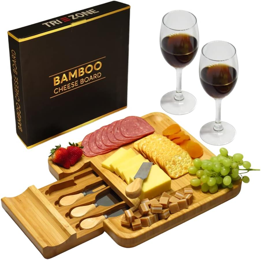 Cheese Board Set with 4Pcs Knives and Fork, Serving Tray with Hidden Slide-Out Drawer for Cutlery and Space for Crackers and Snacks, Bamboo Charcuterie Cutting Plate with Tools - House Warming Gift image number 5
