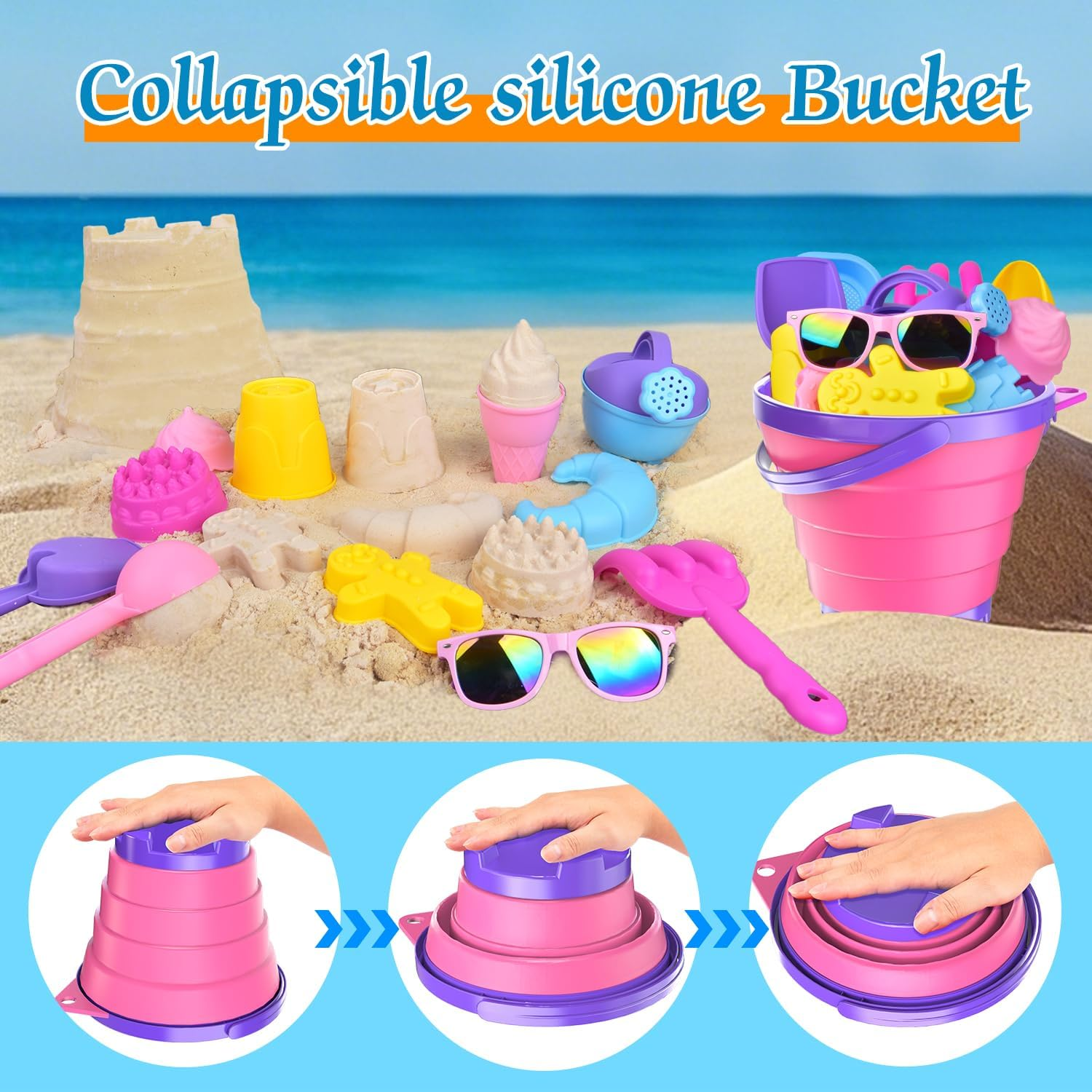 31PCS Beach Toys, Sandbox Toys with Collapsible Sand Bucket, Shovel Set, Ice Cream Cake Molds,Mesh Bag, Summer Water Poor Sea Outdoor Play Travel Toys for Kids Toddlers Boys Girls image number 1