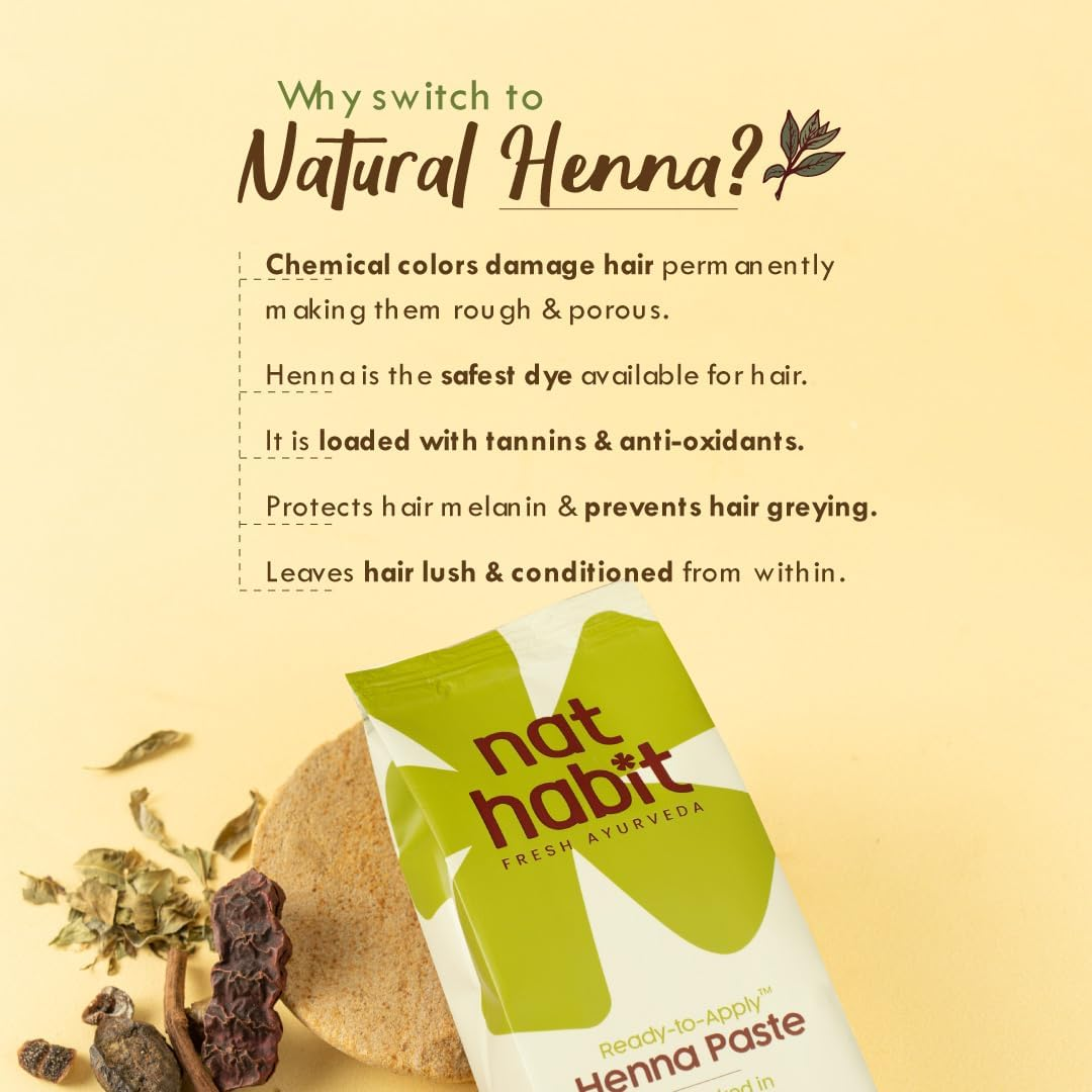 Nat Habit - Fresh Ready to Apply Henna Paste, Pre-Soaked in Black Tea and Herbs,100% Natural Rajasthani Henna, Imparts Rich Brown Shade (Pack of 2 X 220G) image number 2