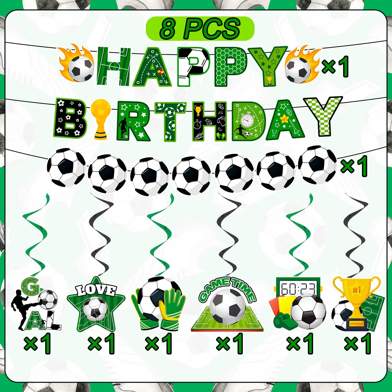Soccer Hanging Swirl, 8 Pcs Soccer Birthday Party Decorations Set - Happy Birthday Football Banner, Football Themed Hanging Foil Swirls & Garland for Birthday Party Supplies image number 5