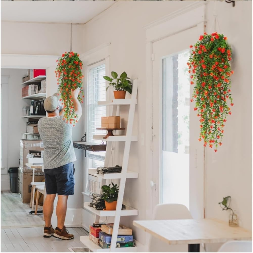 AU7042-3 2 Artificial Hanging Flowers Eucalyptus UV Protection Fake Plants Vine Hanging Flowers Plastic Green Home Garden Wedding Party Indoor and Outdoor Decoration Red (Excluding Plates) image number 4