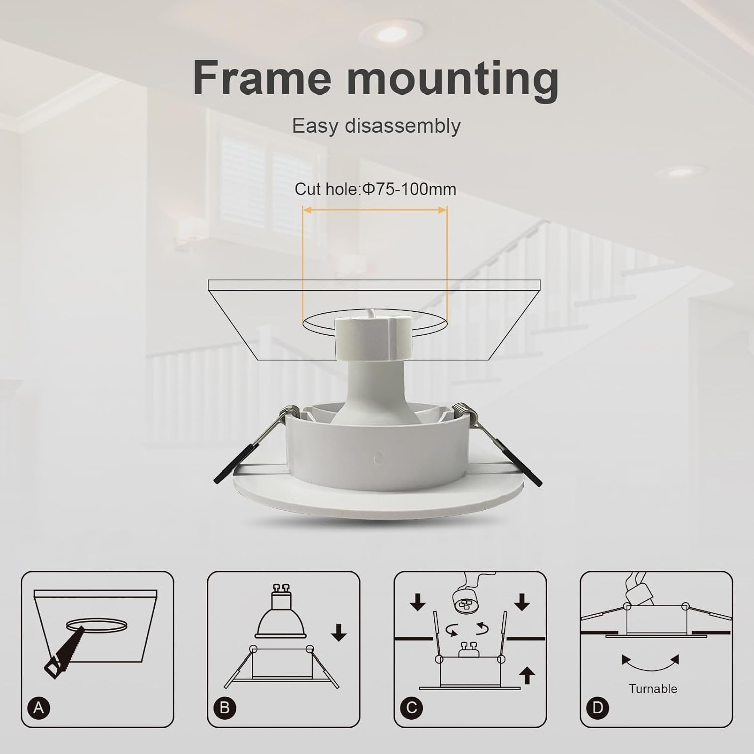 GY 12 LED Recessed Spotlights with GU10 Socket, LED GU10 Mounting Frame Ceiling Spot White round for MR16 LED or Halogen Bulbs, 35&deg; Swivel, Diameter 75 X 100 Mm Large Hole Diameter, Bulb Not Included