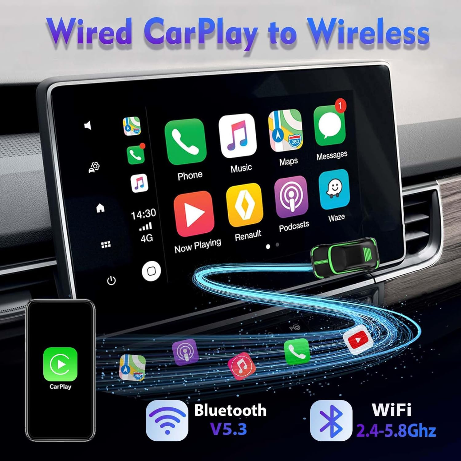 Carplay Wireless Adapter for Iphone-2024 Upgrade Carplay 5S Fast Connect and Stable Connection, Plug & Play Convert OEM Wired to Wireless Carplay Fit for 2016+ Cars(Cp-03) image number 4