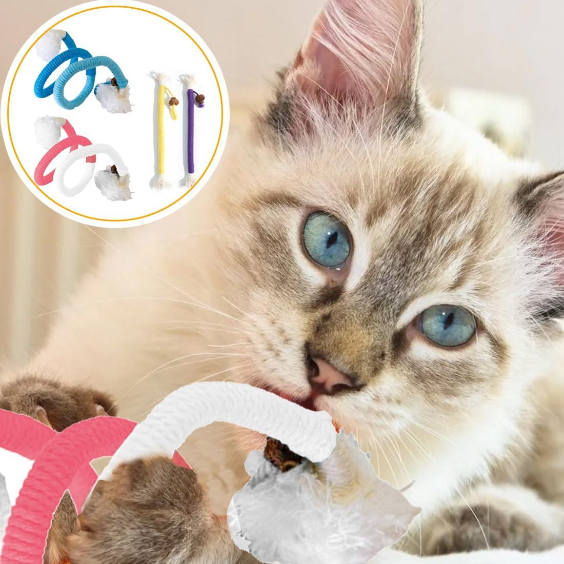 EIH 4 Pieces Cat Toy, Twiggle Tail Cat Toy, Catnip Toy, Chew Toy for Kittens, Teething Rope, Cat Toy, Chew Rope for Cats, to Clean Your Teeth and Relieve Stress, Long X 2 + Short X 2, Blue, Cm