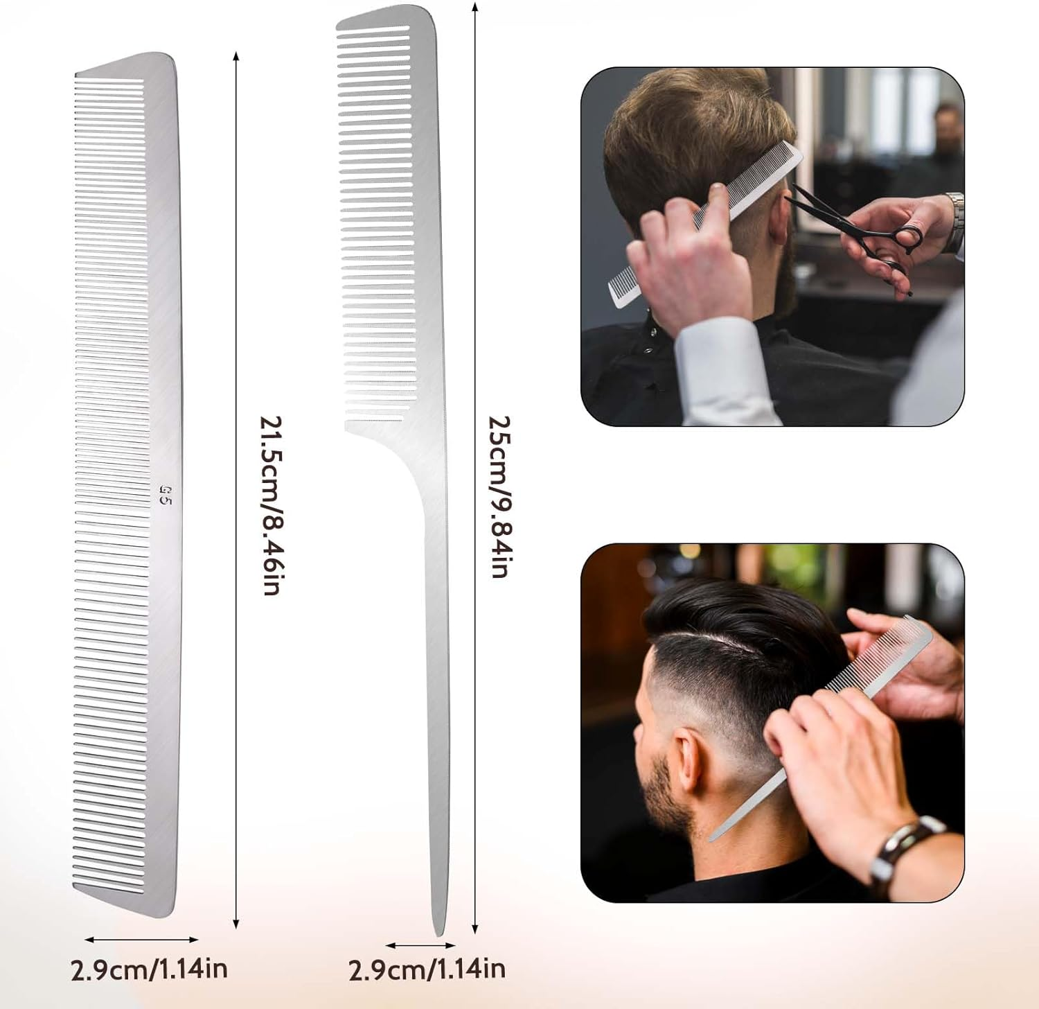 2 PCS Stainless Steel Hair Comb Set - Metal Rat Tail and Flat Top Barber Comb with Metal Pick for Teasing, Styling, and Cutting image number 4
