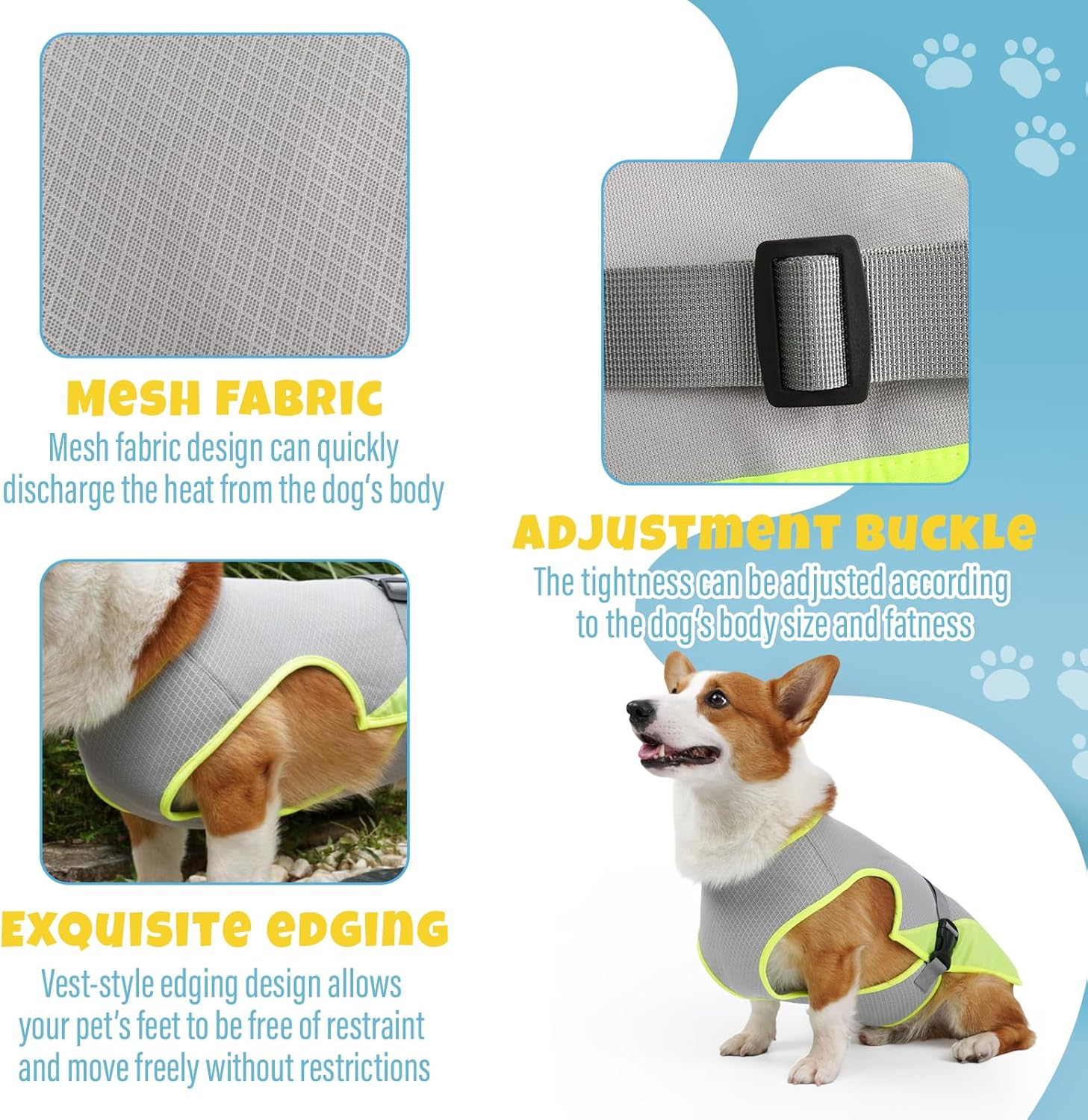 Dog Cooling Vest for Summer,Frenchie Cool Vest for Dogs (11Lb-77Lb) Body Cooling with Uv Protection Breathable Mesh,Cooling Shirt for Cavoodle,Labrador,Border Collie (Grey, XL)