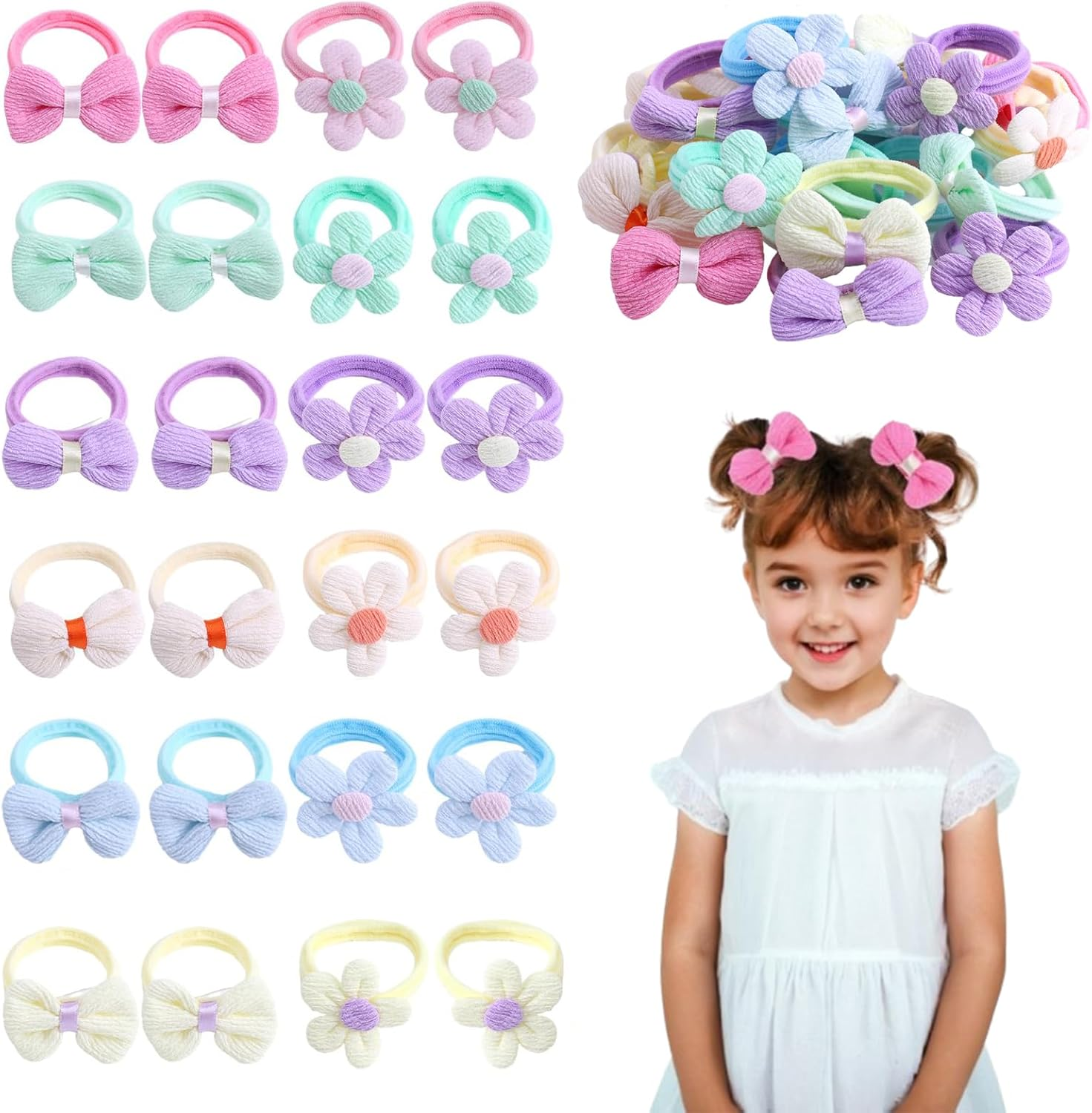 24 Pcs Toddler Hair Ties for Girls - Cute Flower Elastic Hair Bands, Candy Bow Ponytail Holders, Seamless Scrunchies, Little Girls Hair Accessories for Thick Hair image number 1