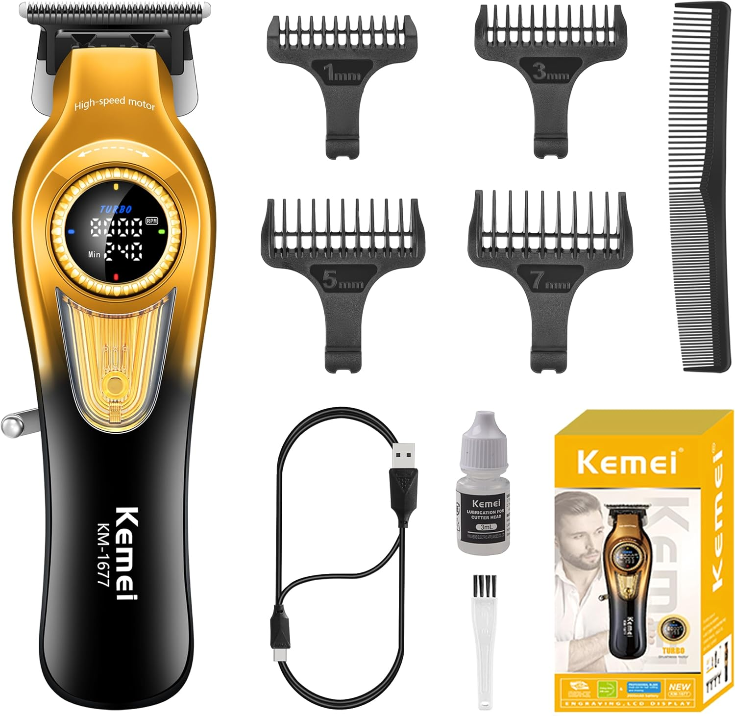 KEMEI 1677 Beard Trimmer for Men, Professional Hair Clippers, Cordless Barber Clipper with LED Display, DLC T-Blade Hair Trimmer, 8000 RPM Turbo Brushless Motor image number 3