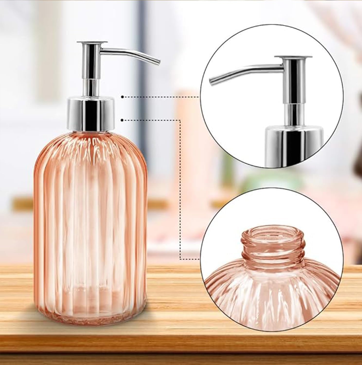 Clear Glass Soap Dispenser (2 Pack 400ML) Refillable Hand Soap Dispenser Vertical - Stripe Bathroom & Kitchen Dispensing Containers (Yellow) image number 4