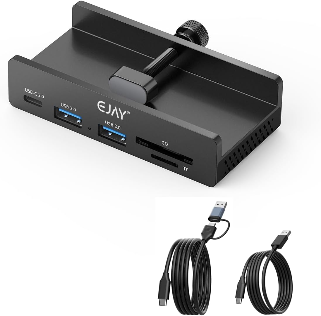 EJAY 5Ports USB3.0 HUB Alu Splitter Desktop Docking with TF&SD Card Reader for Desk/Monitors Clipping with Extra Power Supply Port,59Inches Data & 39Inches Power Cable-5Gbps (2A1CTS-BK) image number 2