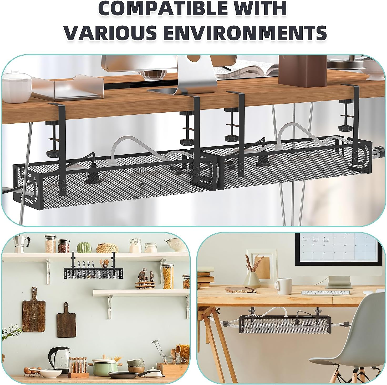 Under Desk Cable Management Tray,No Drill Mesh Desk Cables Trays with Clamp,Wire Managements Tray Cabl-E Management Box,Desk Cable Tray Wire Organizer for Office, Home image number 5
