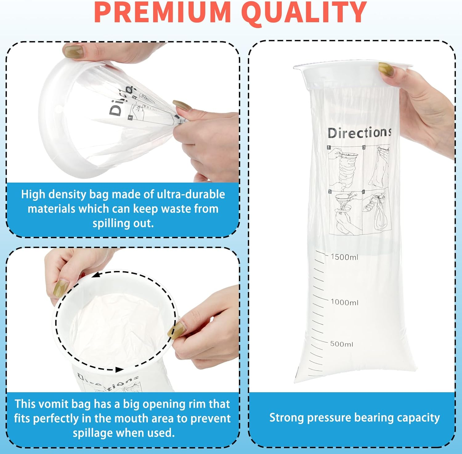 Vomit Bags Disposable 10Pack, 1500Ml White High Density Emesis Bags with Snap - Perfect for Morning Sickness, Kids, Pregnant Women, Car Motion Sickness, Airsick image number 1
