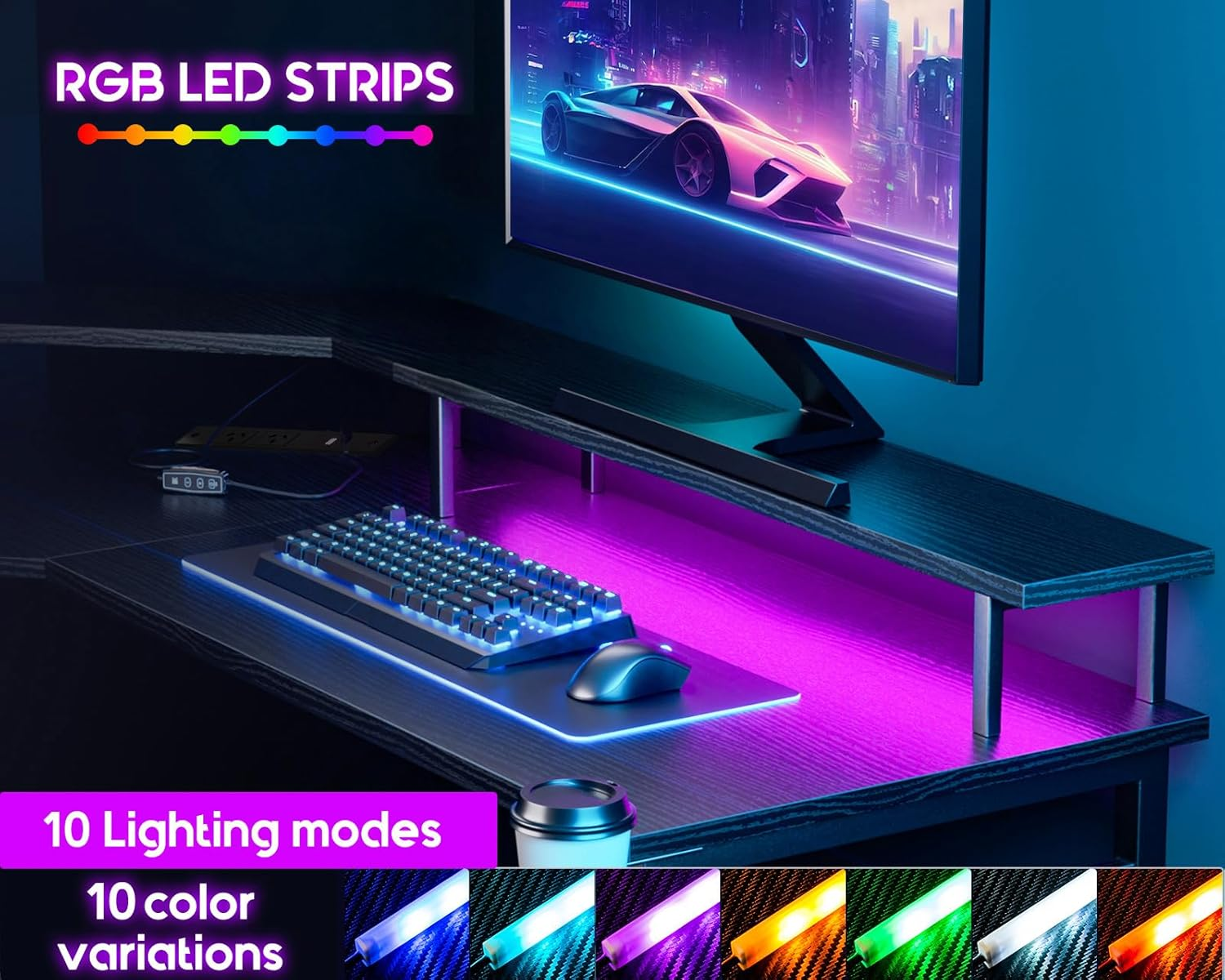 ODK L Shaped Computer Desk, Gaming Desk LED Light Strip and 2 USB 3 Charging Port, Gaming Table with Monitor Surface, Gaming Desks Workstations, Black - Texture White image number 4