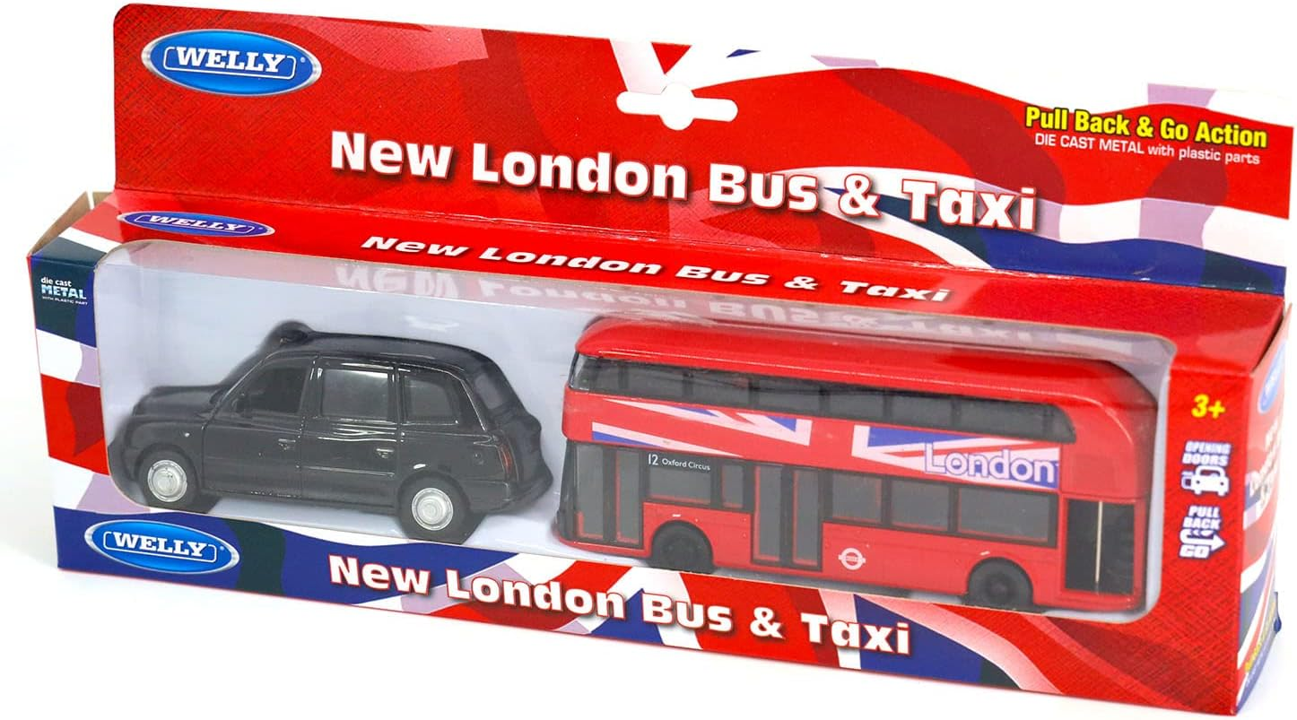 Official TFL Licensed Classic Austin PX4 Black Cab Taxi and NEW Routemaster Double Decker London Bus, Metal Die Cast Freewheeling Action Toy Models (Large London Taxi and Bus) image number 2