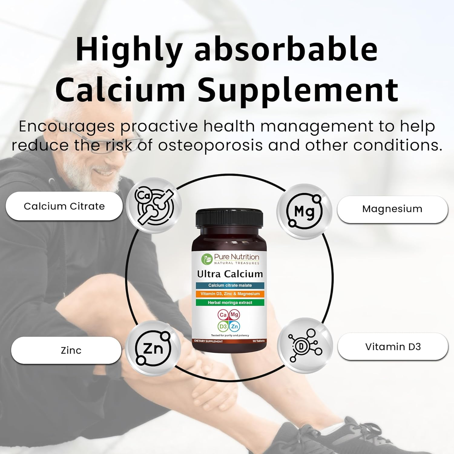 Pure Nutrition Ultra Calcium Citrate 1000Mg Highly Absorbable Calcium Supplement with Calcium Citrate Malate, Vitamin D, Zinc and Magnesium - 1 Tablet Daily (90 Veg Tabs) Non-Gmo | Gluten-Free image number 6