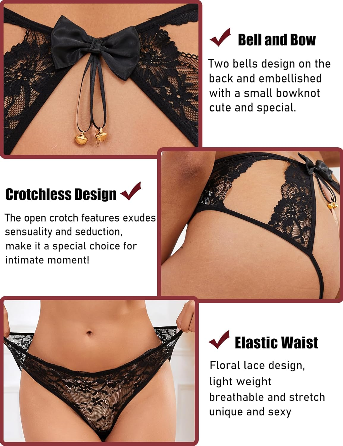 Sexy Underwear for Women Lace Cheeky Bells Panties Lingerie plus Size Bow Briefs Black Hipster XS-2XL