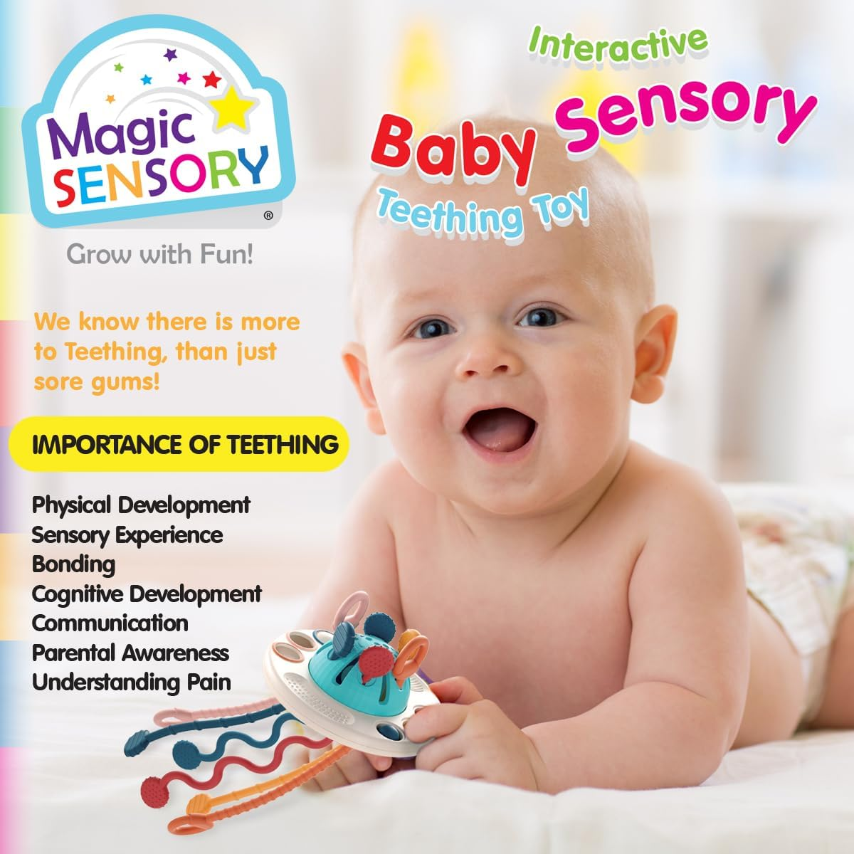 UFO Teething Toy &ndash; Baby Teething Toys for Toddlers 18+ Months, Flying Saucer Montessori Sensory Toys with Soft Silicone Chewy Tubes, Pull String Baby Toys &ndash; Bpa-Free & Travel-Friendly image number 1