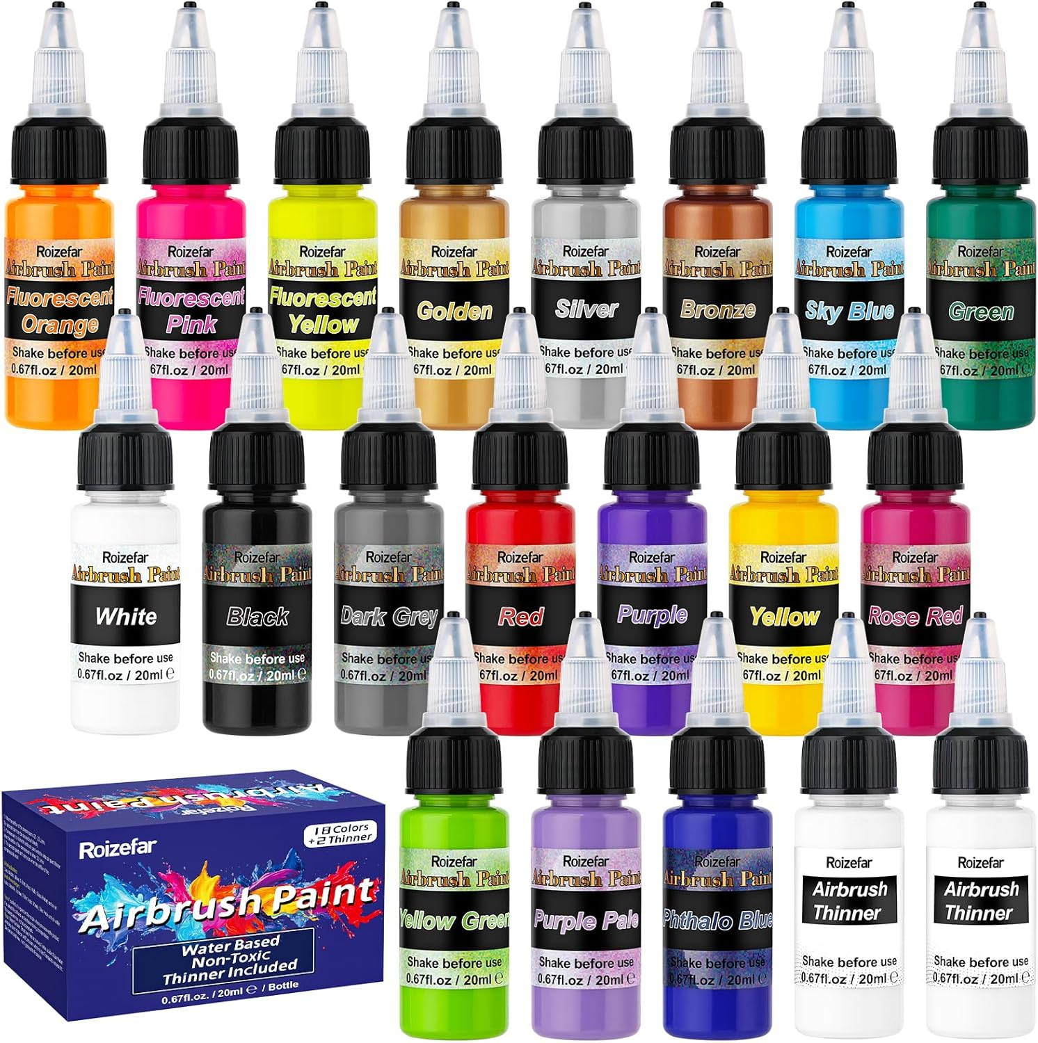 Roizefar Airbrush Paint, 36 Colors with 4.05 Fl Oz Thinner & 4.05 Fl Oz Cleaner, Water-Based Air Brush Paints Acrylic Ready to Spray, Includes Iridescent, Metallic, Neon, Classic Colors, 20Ml/Bottle