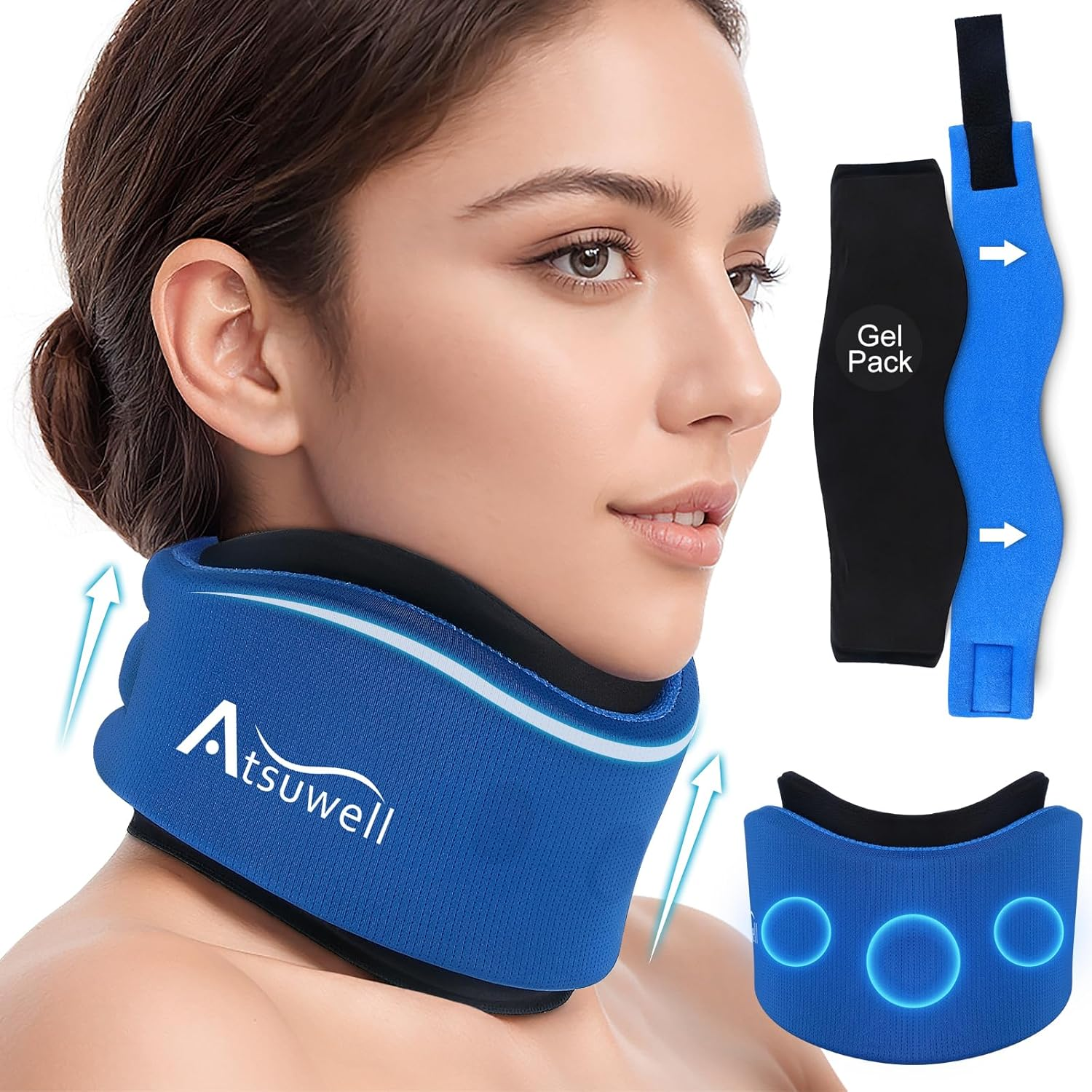 Atsuwell Neck Brace for Sleeping, Soft Cervical Collar for Neck Pain and Support, Adjustable Neck Support Brace with Hot Cold Gel Packs Reusable for Office Pressure, Surgery Recovery, Fatigue, Blue image number 4