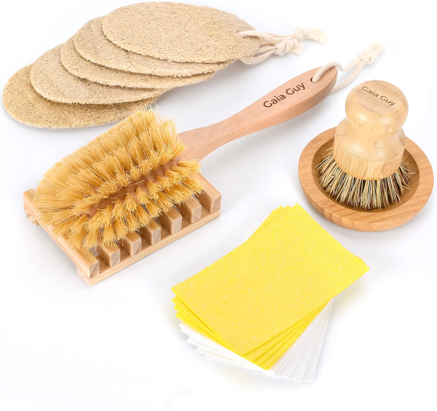 Zero Waste Starter Kit: Plastic-Free Kitchen Brush, Bamboo Pot Scrubber, Cellulose Sponges, Loofah Sponges, Soap Tray, Wooden Holder - Plastic-Free image number 1