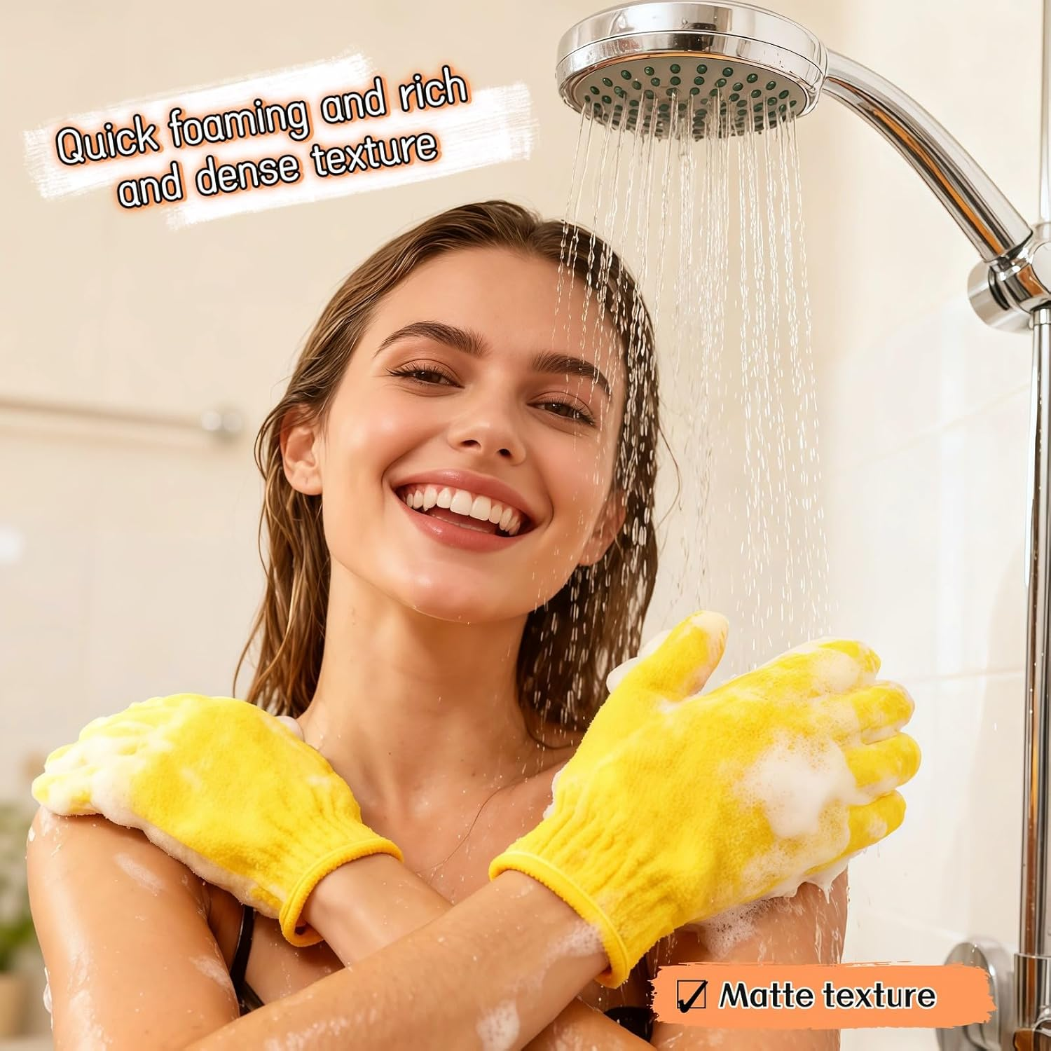 Ryandesign Exfoliating Shower Gloves, 2 Pairs Reinforced Nylon Bath Scrubbing Mitts, Orange and Yellow, One Size Fits All, Body Cleansing Massage image number 5