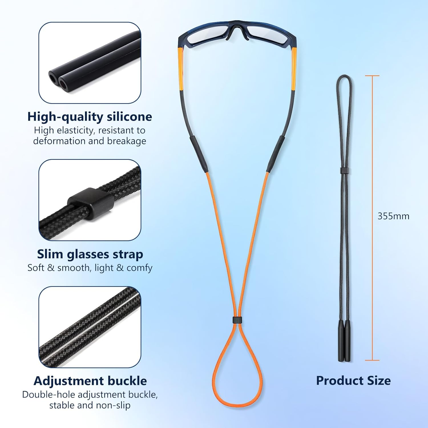80Days Adjustable Eyeglass Strap: Nylon Retainer for Glasses and Sunglasses with Silicone Grips, Secure Fit - Black-2Pcs image number 6