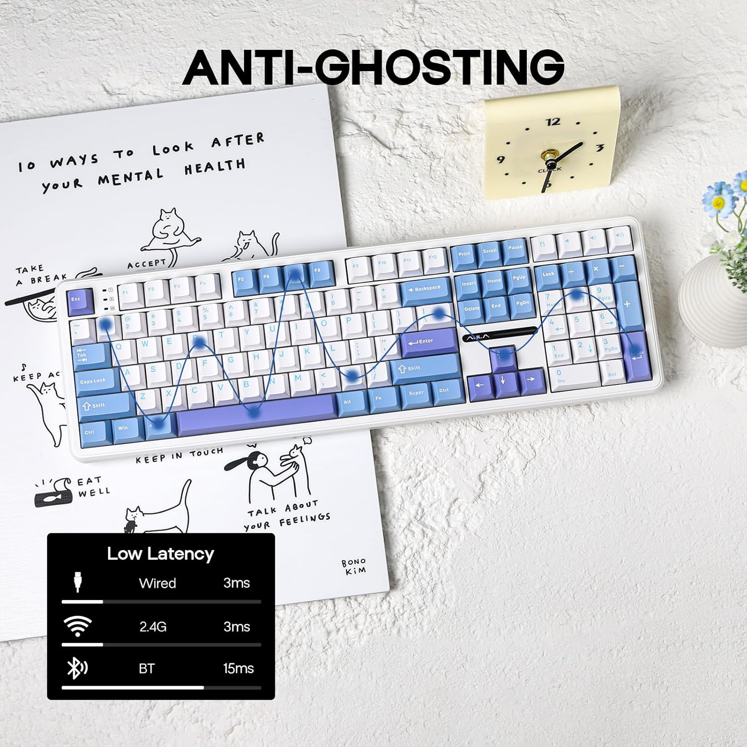 EPOMAKER Aula F108 Wireless Gaming Keyboard with 4000Mah Battery, US Layout Full Size Mechanical Keyboard with 108 Hot-Swappable Keys, RGB, for Mac/Pc/Android (White&Blue) - Black Gradient image number 6