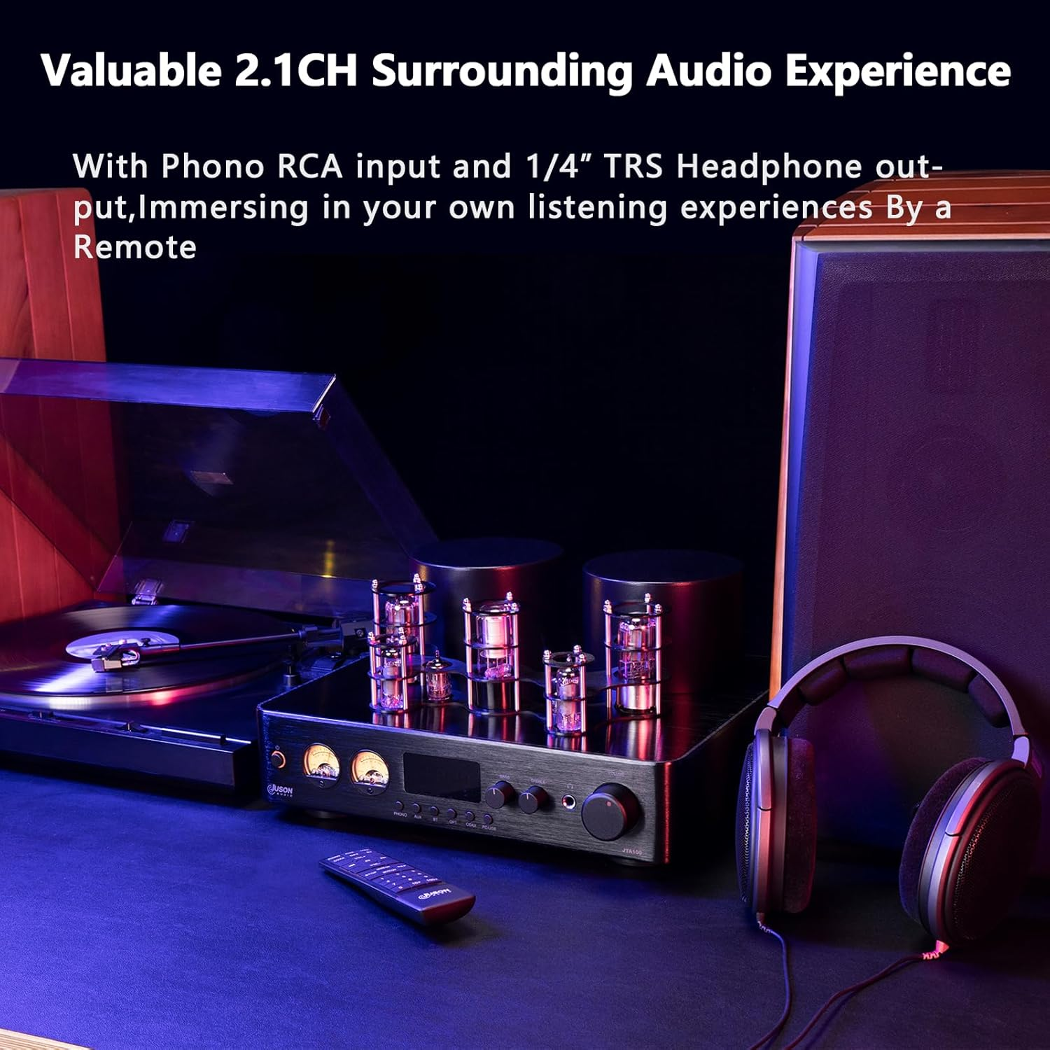 Juson Audio JTA100 200W Vacuum Tube Amplifier Integrated Hybrid with BT 5.0 Optical AUX RCA Phono Input and Headphone Output 2.1CH Class AB Hifi Home Audio for Turntable image number 3