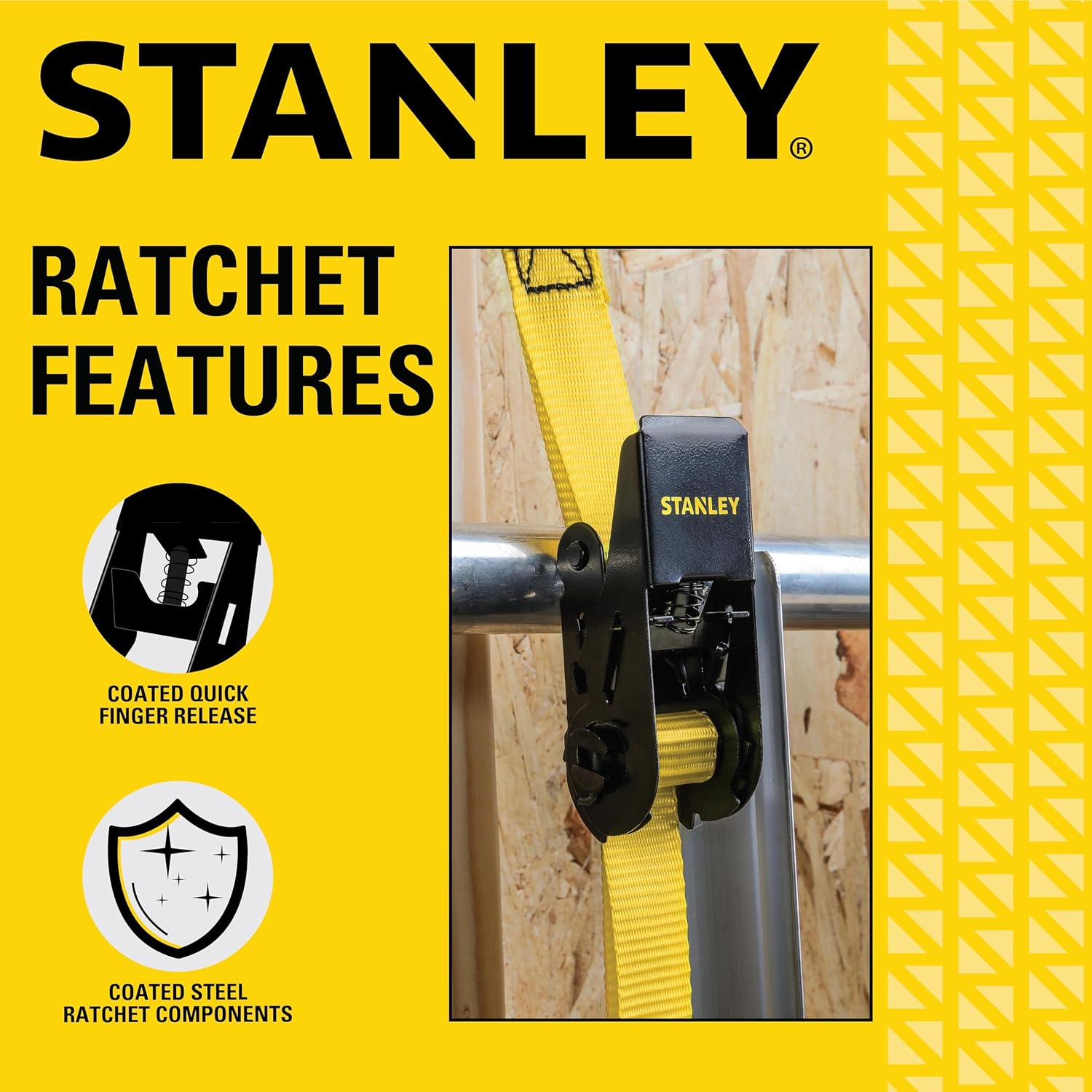 STANLEY S9500 Black/Yellow 1" X 10' Ratchet Straps - Light Cargo (300 Lb Working Load / 900 Lb Break Strength), 4 Pack image number 4