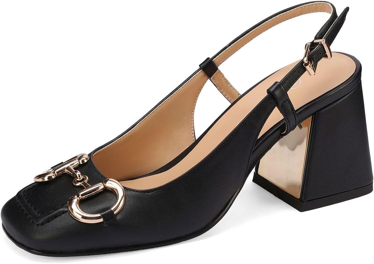 Women'S Fashion Square Closed Toe Slingback Pumps with Buckle Chic Gold Buckle Block Heel Slingback Shoes Work Date Dressy High Heel Slingbacks for Women