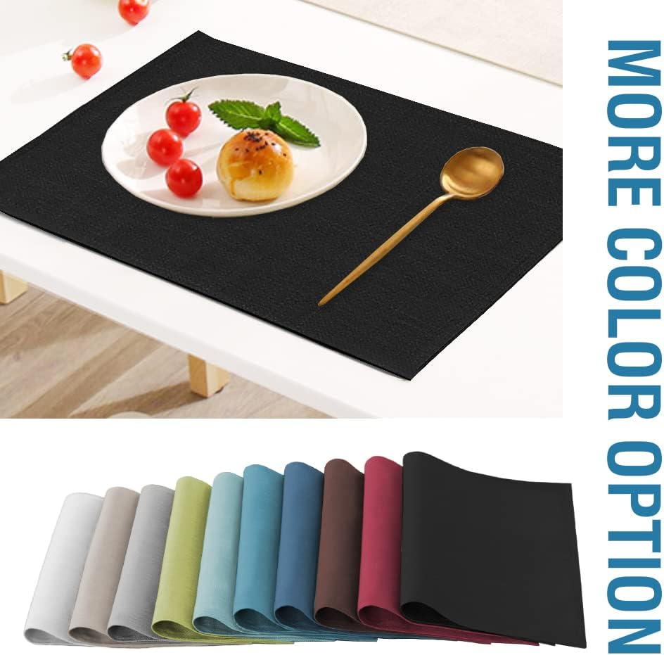 Linen Placemats for Dining Table,Rectangular Placemat Set of 6 Spill-Proof Waterproof & Heat Resistanttable Mats for Kitchen Washable Solid Table Mats, Black, 46X30Cm image number 3