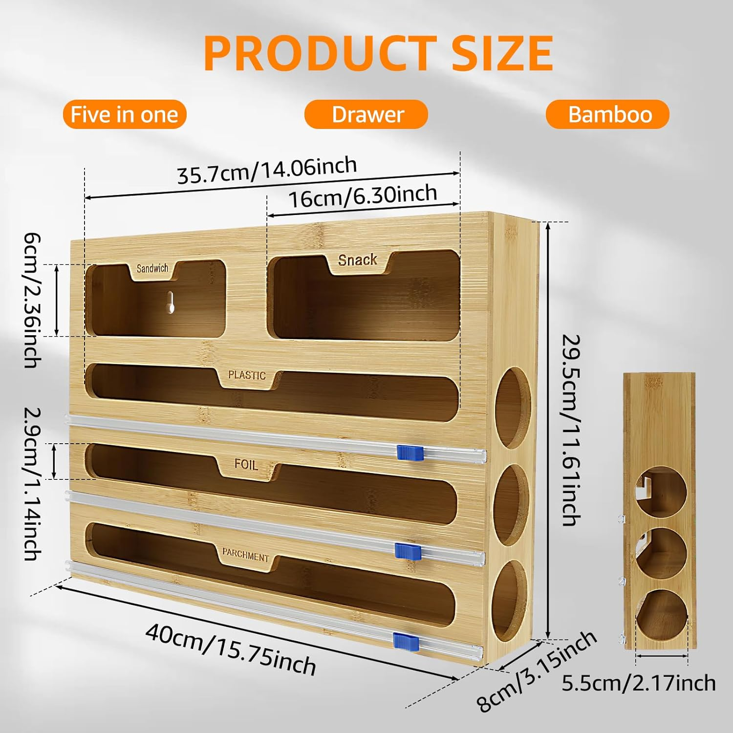 5 in 1 Bamboo Plastic Wrap Dispenser with Cutter Versatile, Foil Dispenser and Cutter for Kitchen Storage Drawer Organization,Cling Film Dispenser for Restaurant Bakeries Fruit Store image number 3