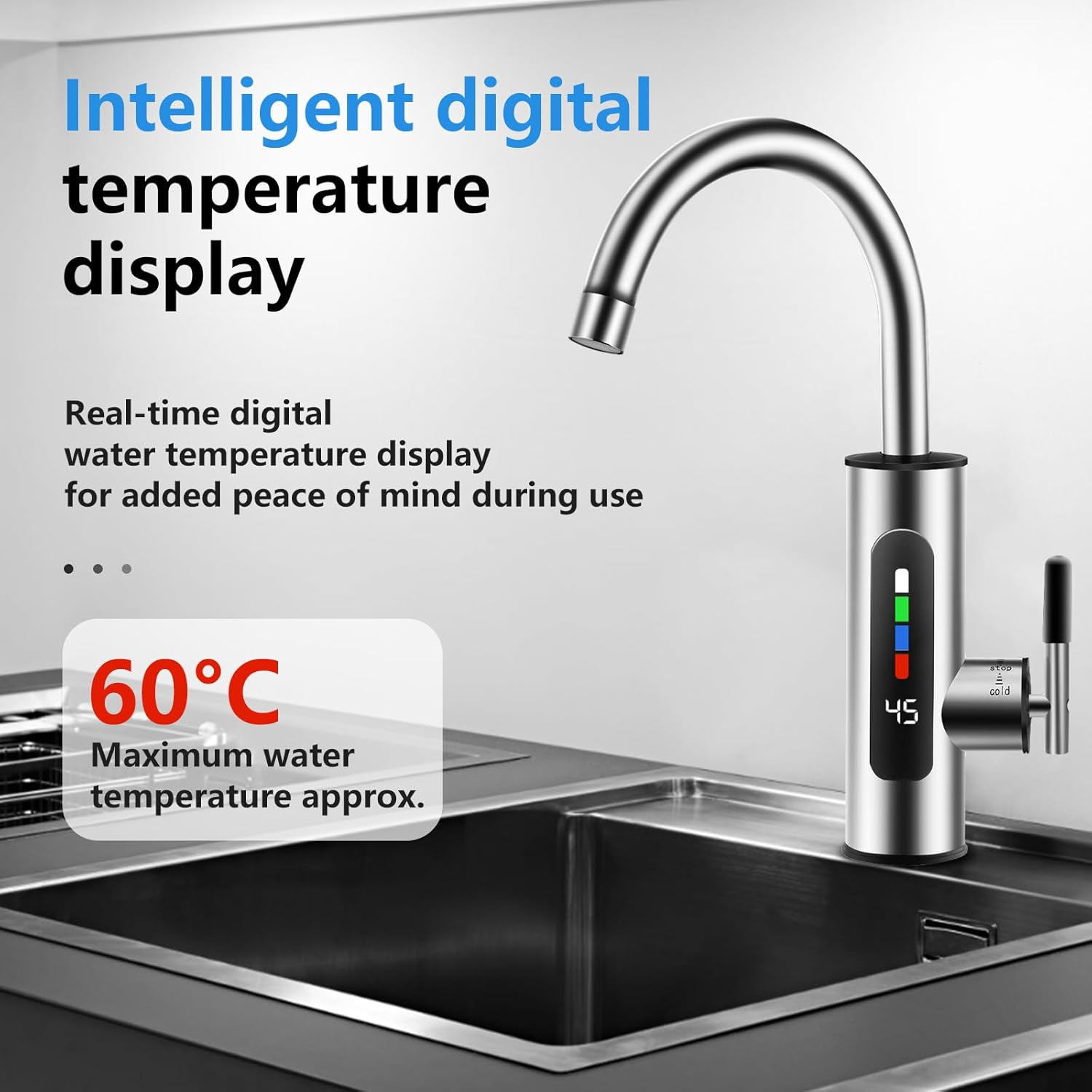 Hot and Cold Water Tap, Electric Stainless Steel Tap plus Integrated Instantaneous Water Heater, 360&deg; Rotating LED Instantaneous Water Heater, Tap, Water Boiler [Energy Class A] image number 1
