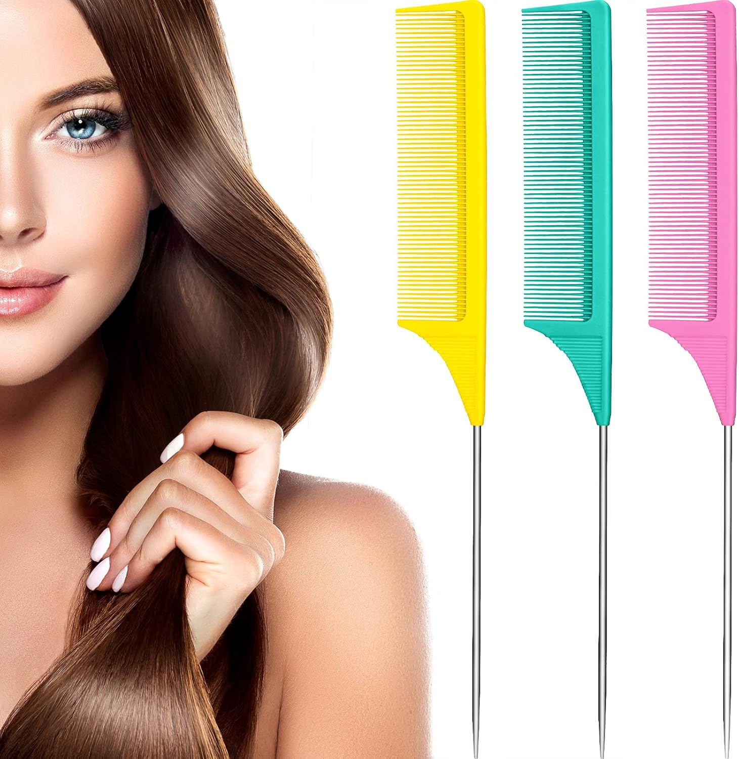 3 Packs Pink Rat Tail Comb Fiber Teasing Combs Rat Tail Lifting Combs Styling Combs, Carbon Fiber and Stainless Steel Pintail for Hair Salon or Home Supplies