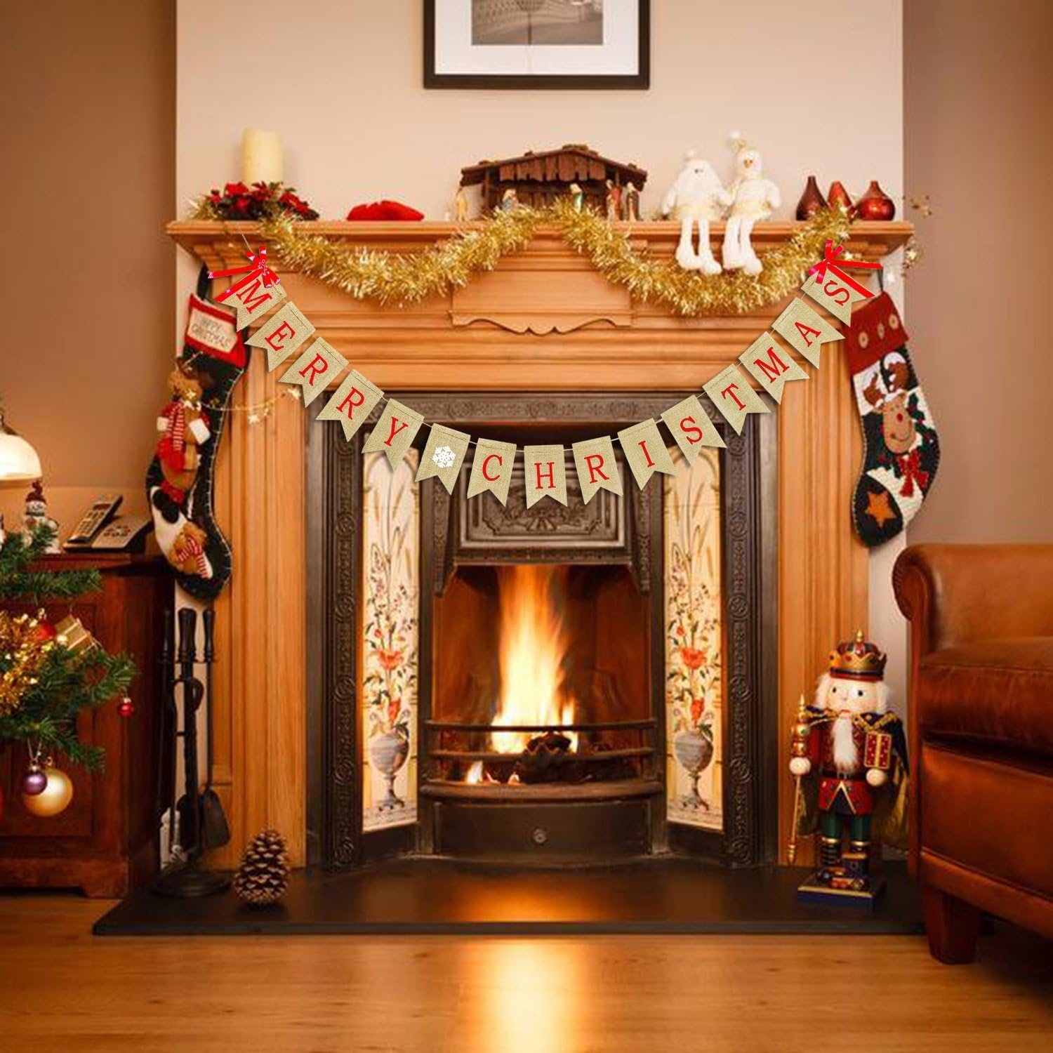 Merry Christmas Burlap Banner, Red with Brown Accents, 9.35FT Straight Christmas Banner image number 5