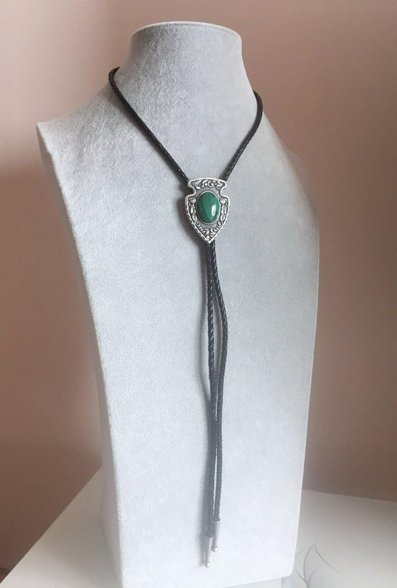 Vintage Silver Plated Arrow Malachite Stone Bolo Tie image number 2