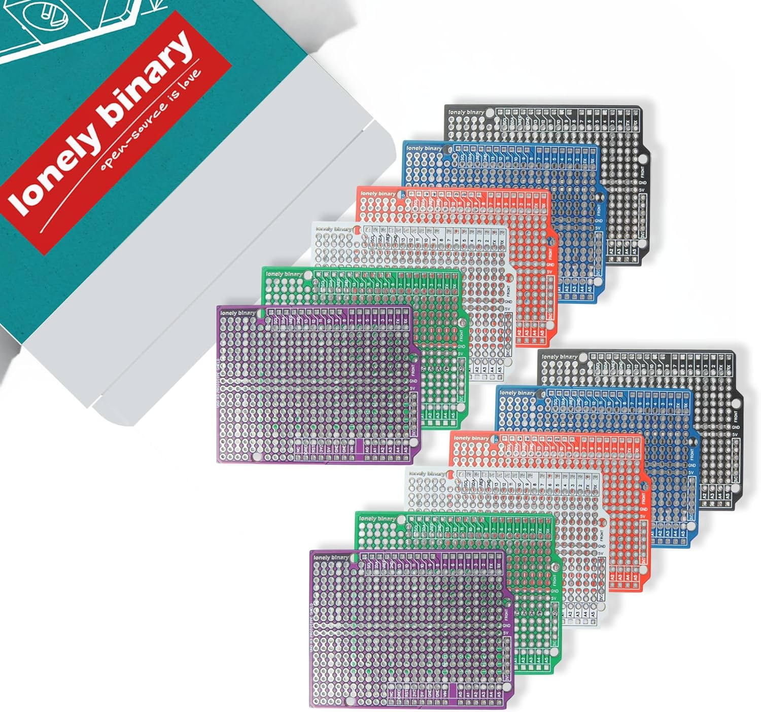 Lonely Binary 12-Pack Uno R3 Prototype PCB Boards &ndash; Color-Coded Solderable Breadboards Compatible with Arduino, ESP32, Raspberry Pi for DIY Electronics, Prototyping & STEM Projects