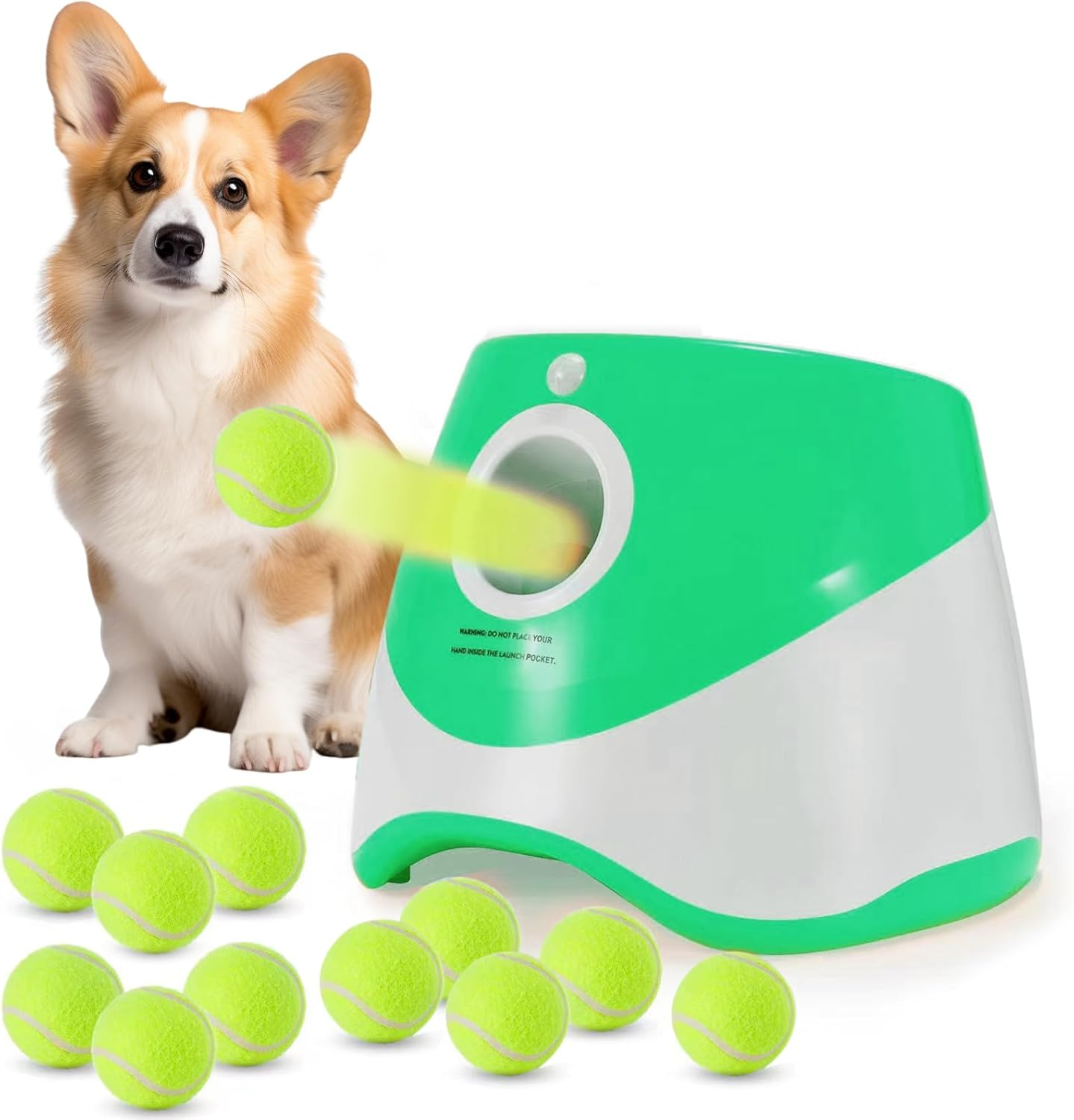Automatic Dog Ball Launcher - Fetch Machine for Small Dogs, 3 Launch Distances, 12 Balls, Rechargeable (Green)