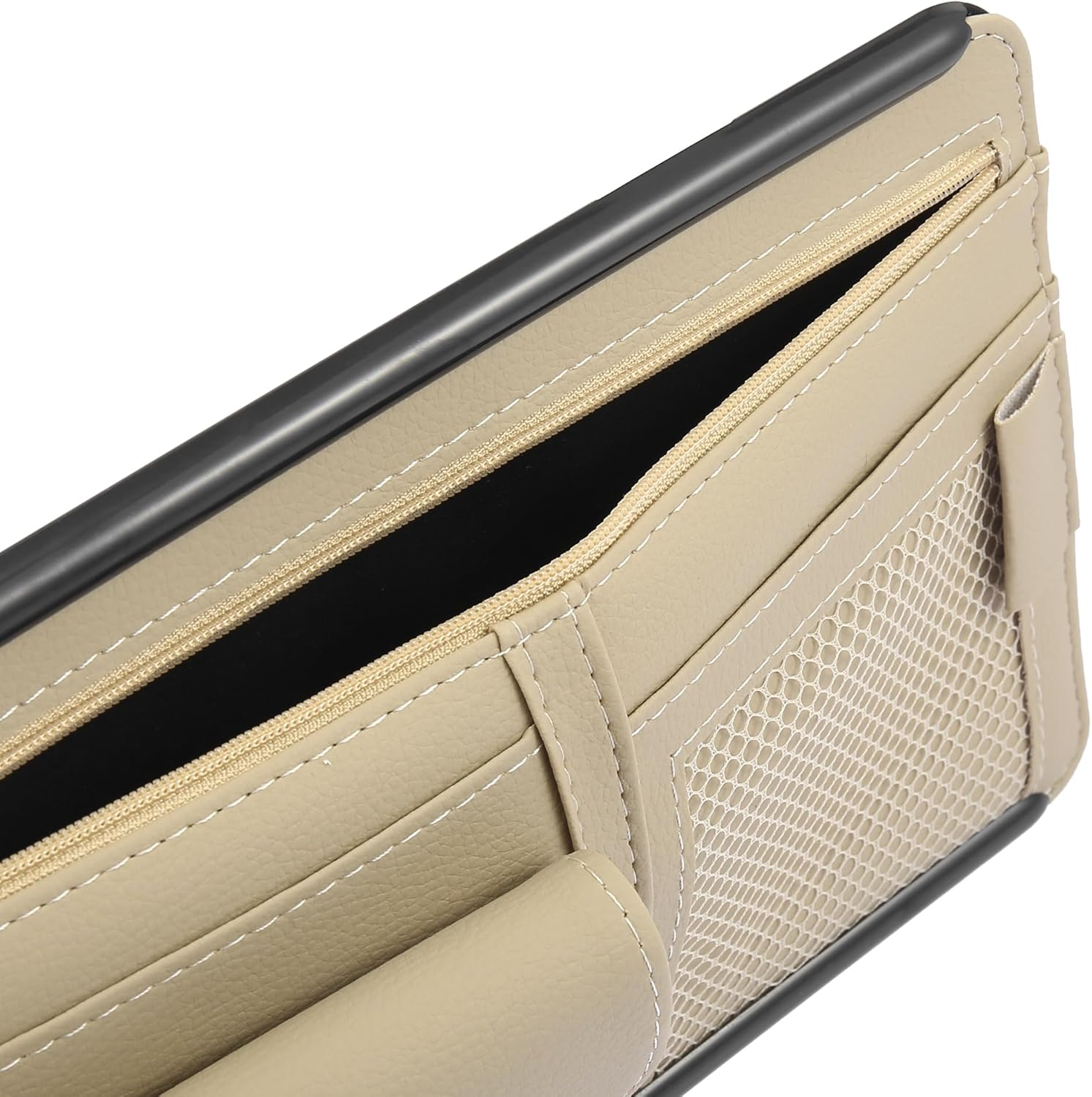 X AUTOHAUX Beige Universal Car Sun Visor Organizer Sunglasses Case Storage Pocket Hook and Loop Tape ABS PU Leather for SUV RV Truck - Beige image number 6