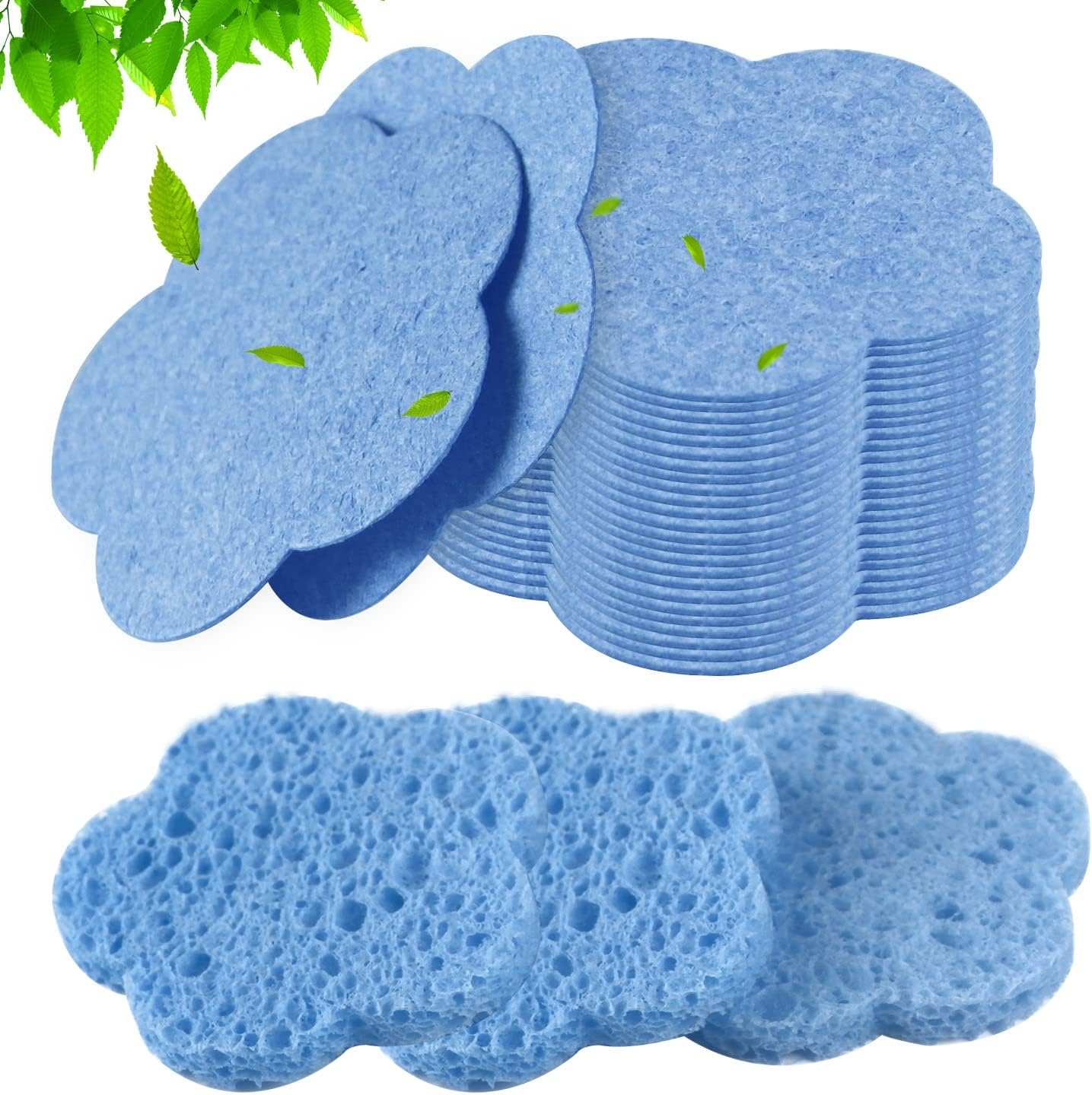 50-Count Facial Sponges, Natural, Blue, Modern Style, Reusable, Exfoliating, Cleansing, Makeup Removal, Travel-Friendly, Gift for Her