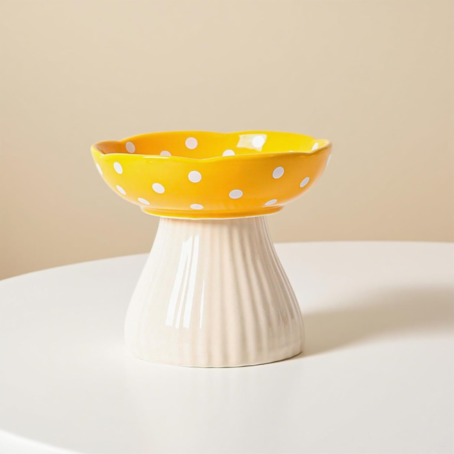Ceramic Raised Mushroom Cat Bowl, Elevated Pet Feeder Bowls, Raised Dog Dish for Food and Water, Red 15 Cm Wide for Adult Cats, Small Dog and Puppy (Yellow)
