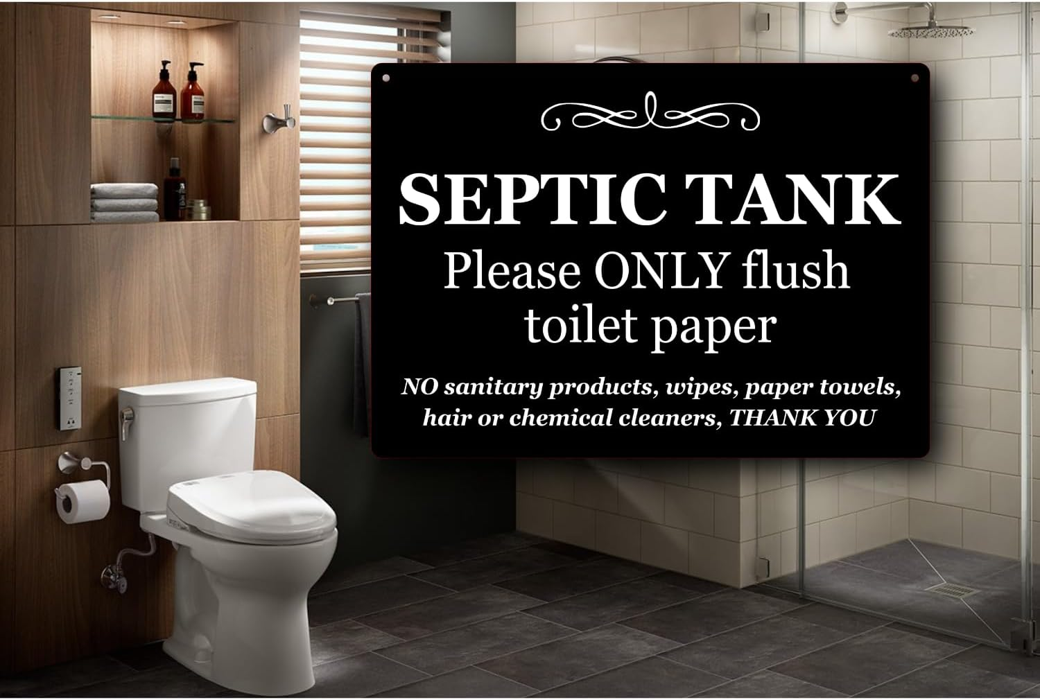 Septic Tank Sign 297Mm X 210Mm A4 - Black UV Printed Aluminium Composite - Septic Tank Please Only Flush Toilet Paper Sign - Indoor & Outdoor Use with Twine for Easy Hanging