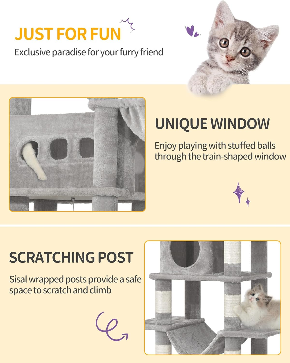 Hzuaneri 170 Cm Cat Tree for Indoor Cats, Large Tall Cat Tower, Multi-Level Cats House with Condo, 8 Scratching Posts, Hammock, 4 Pom Poms, Light Grey MS17018LG image number 2