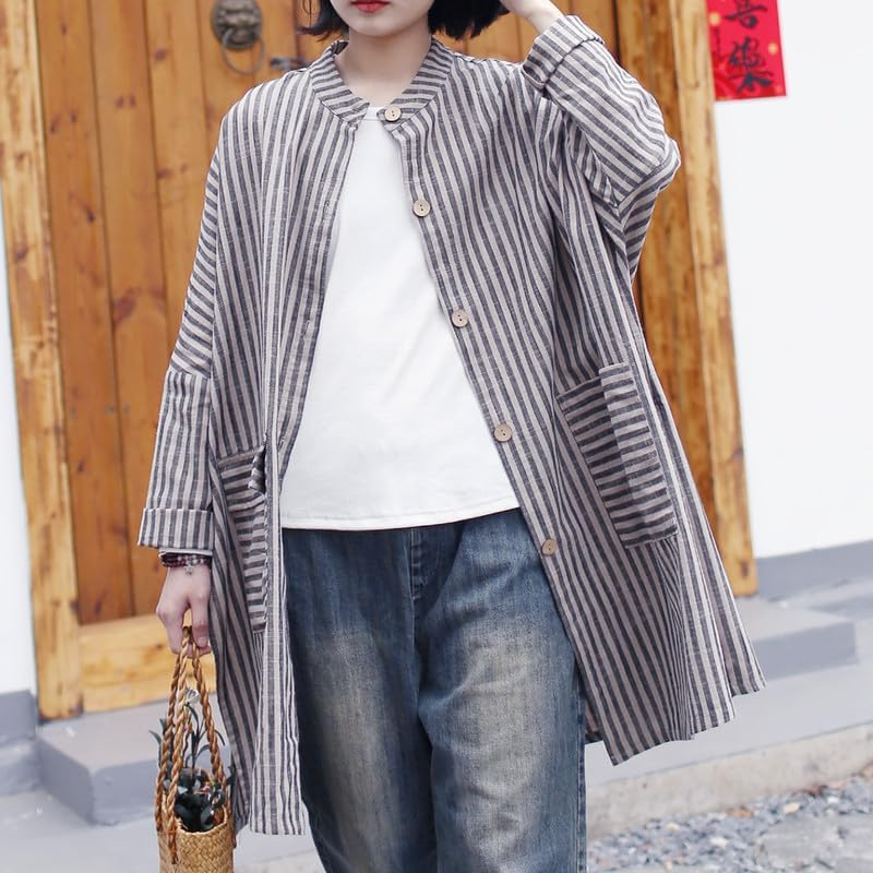 Women'S Vintage Linen Cotton Long Shirt Loose Fit Striped Tops with Pockets image number 5