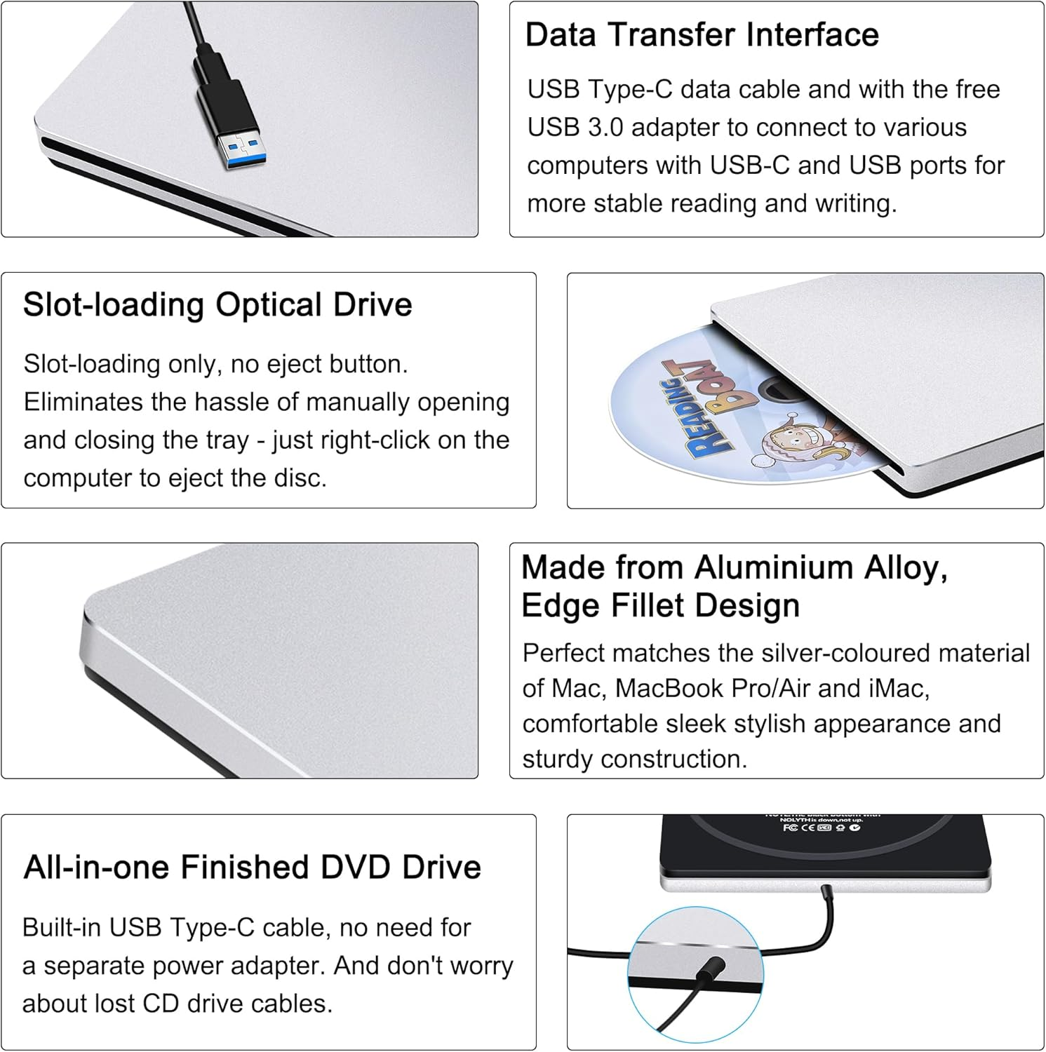 NOLYTH External CD DVD Drive: Plug & Play for Laptop Mac Macbook PC Windows - Portable High-Transfer USB C Burner for Music/Movie/Data Backup - Slot-In Aluminum with USB 3.0 Adapter(Silver) image number 2