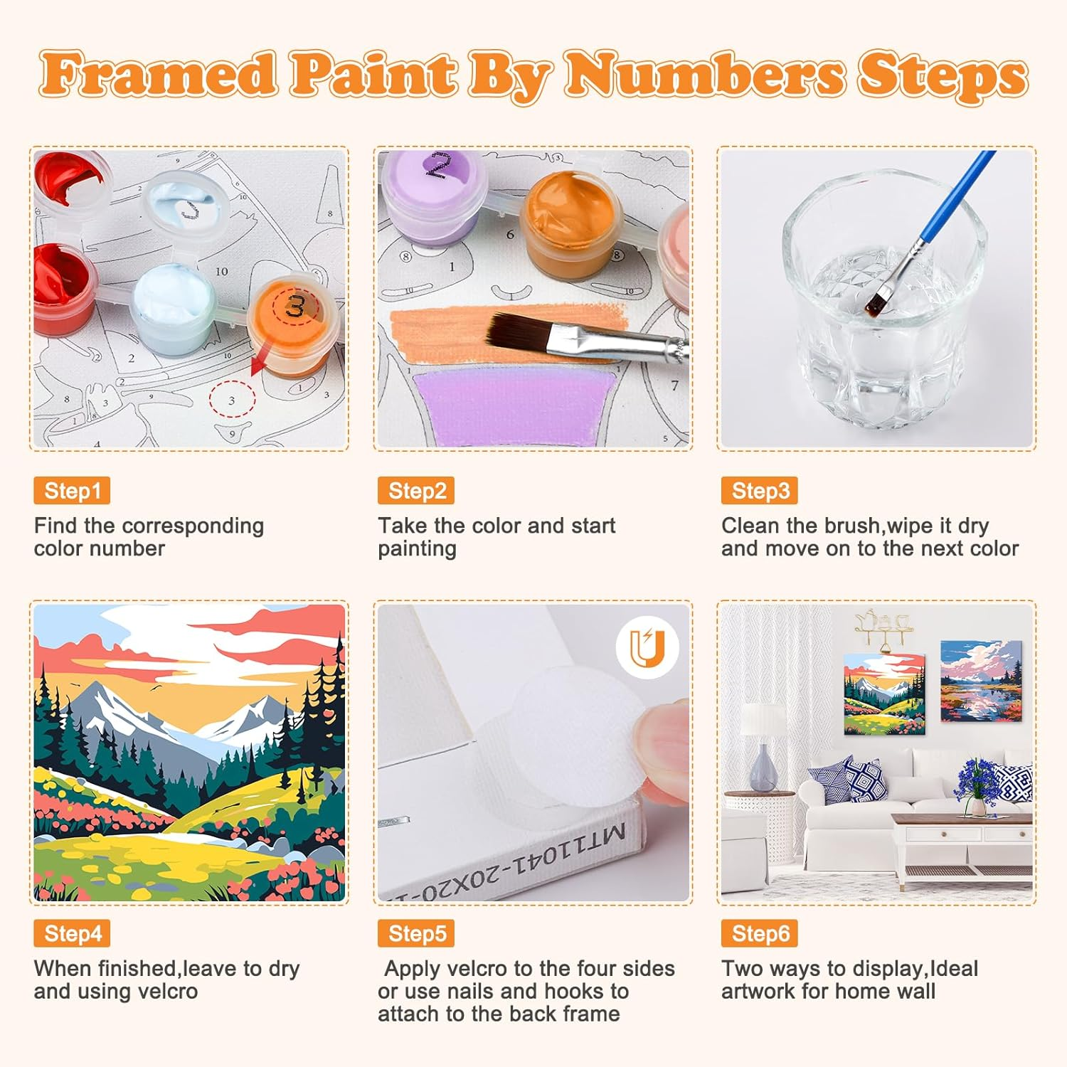 NAIMOER Framed Paint by Numbers, 4Pack Scenery Paint by Numbers Canvas for Kids Adults, Kids' Paint by Number Kits, DIY Acrylic Landscape Oil Painting with Wooden Easel (8X8Inch)