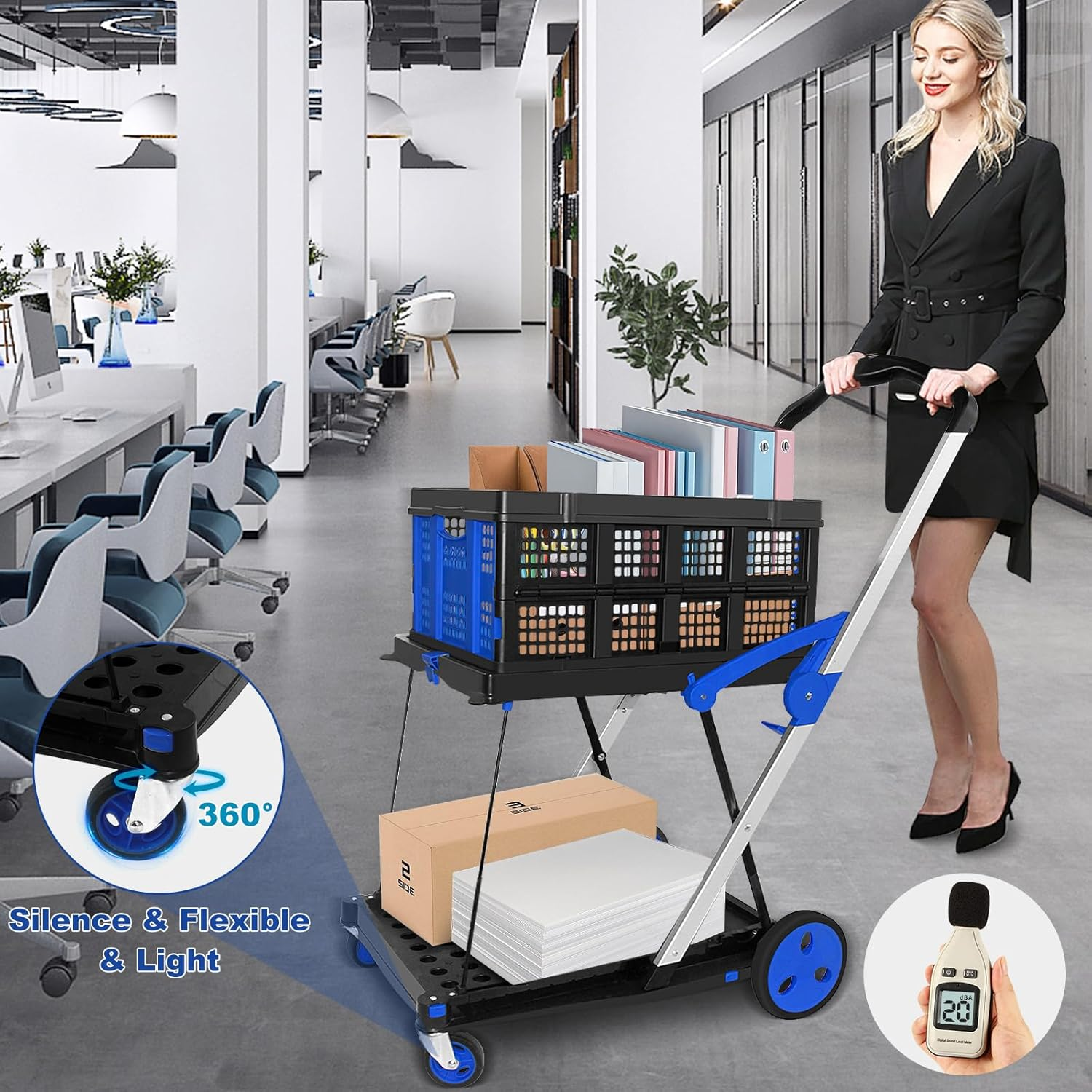 OSWIN Folding Trolley with Wheels, Double Layer Portable Trolley Shopping Carts, Folding Shopping Cart with Storage Crate, Office Folding Cart, Multi Use Functional Collapsible Carts for Supermarket image number 2