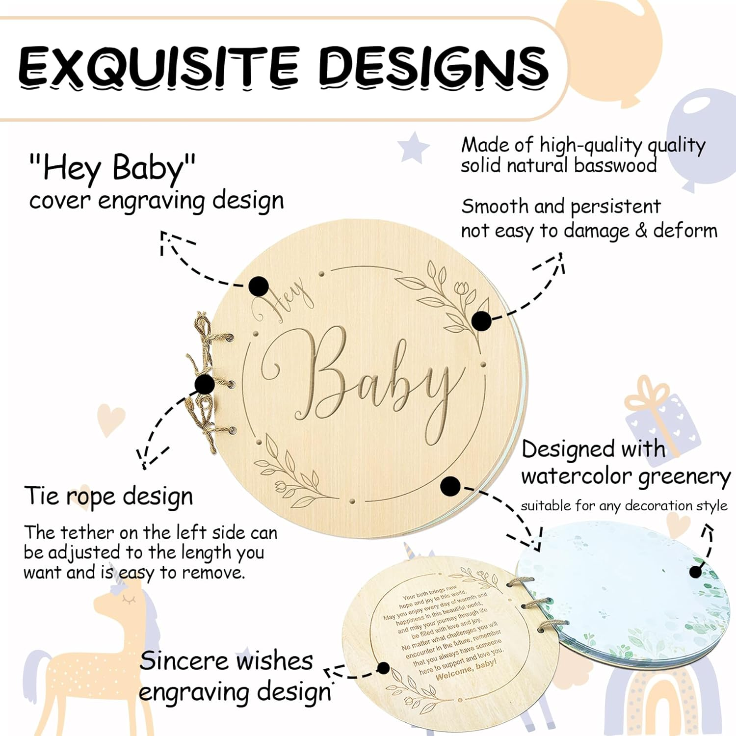 1DFAUL Baby Shower Guest Book Alternatives Girl Boy, 80 Pages Hey Baby Shower Sign in Guest Book with Watercolor Design, Wood Keepsake for New Parents image number 3